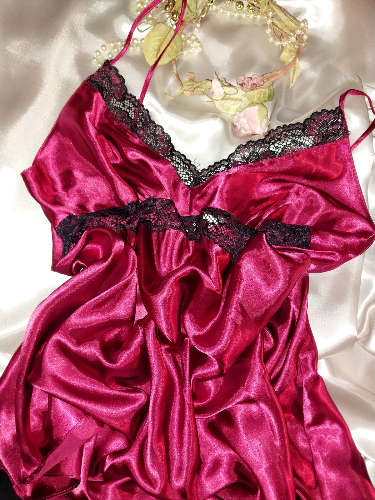 VTG SATIN SHINY LACY GARNET RUBY BABYDOLL NIGHTIE GOWN NIGHTGOWN 42 44