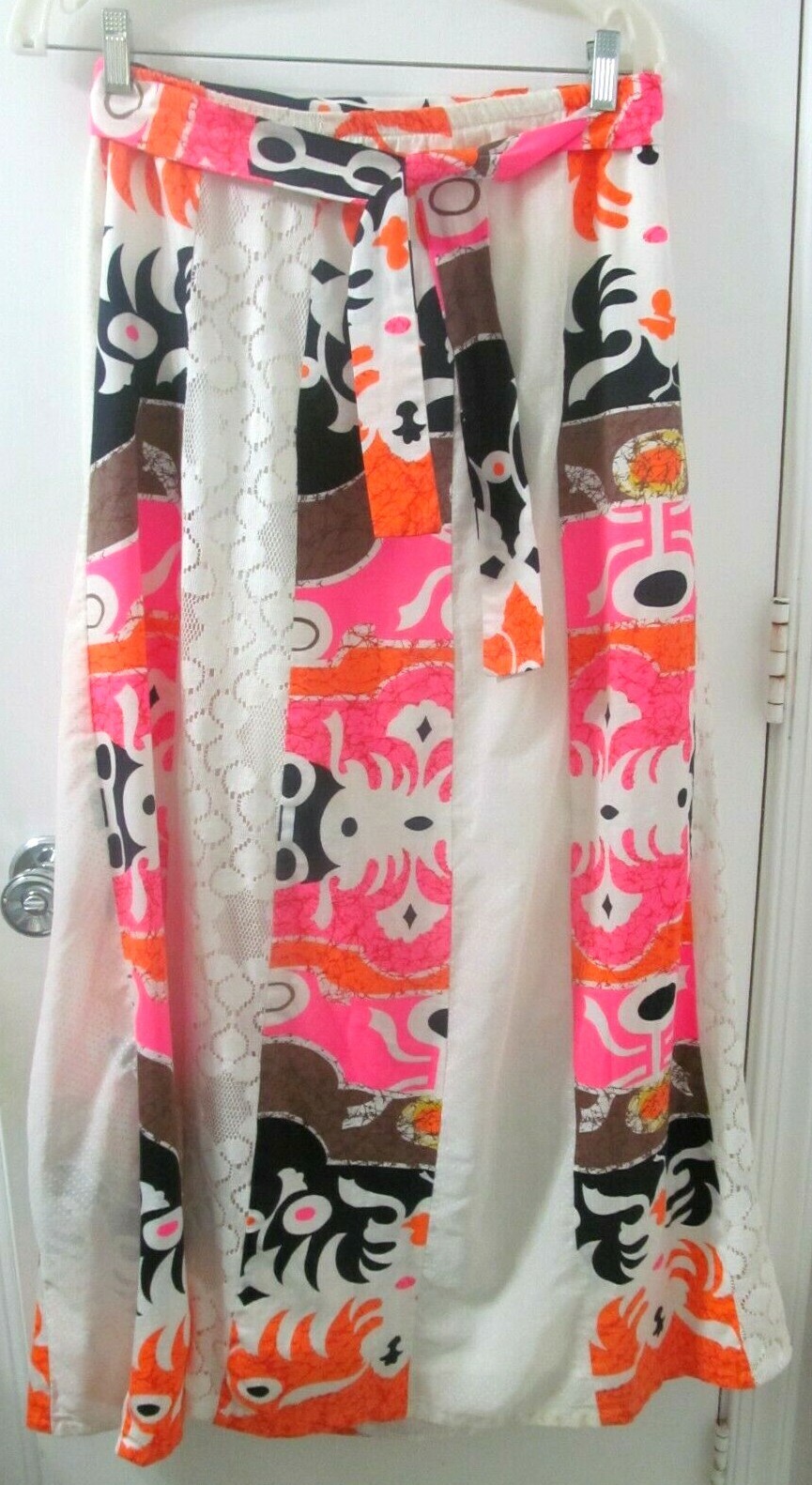 Vintage Greenecastle California Maxi Skirt Bold batik w/ white lace panels S-M-L