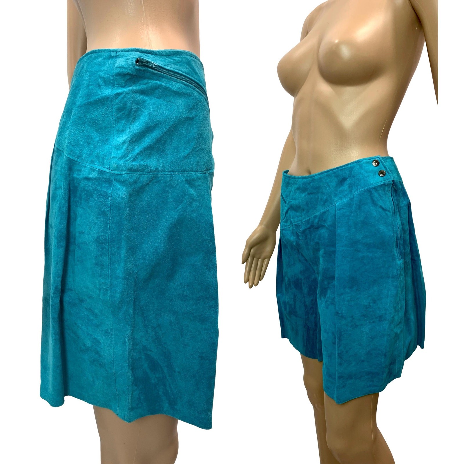 80s Dark Aqua Blue SUEDE Shorts | Asymmetrical Soft Leather | 28″ W