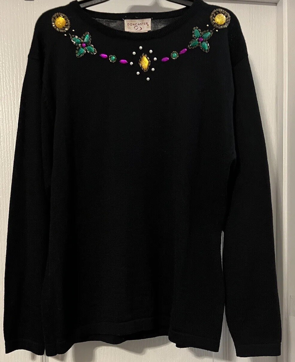 VTG Doncaster Sweater Women LG Black Bedazzled Neckline Wool Blend Castlecore