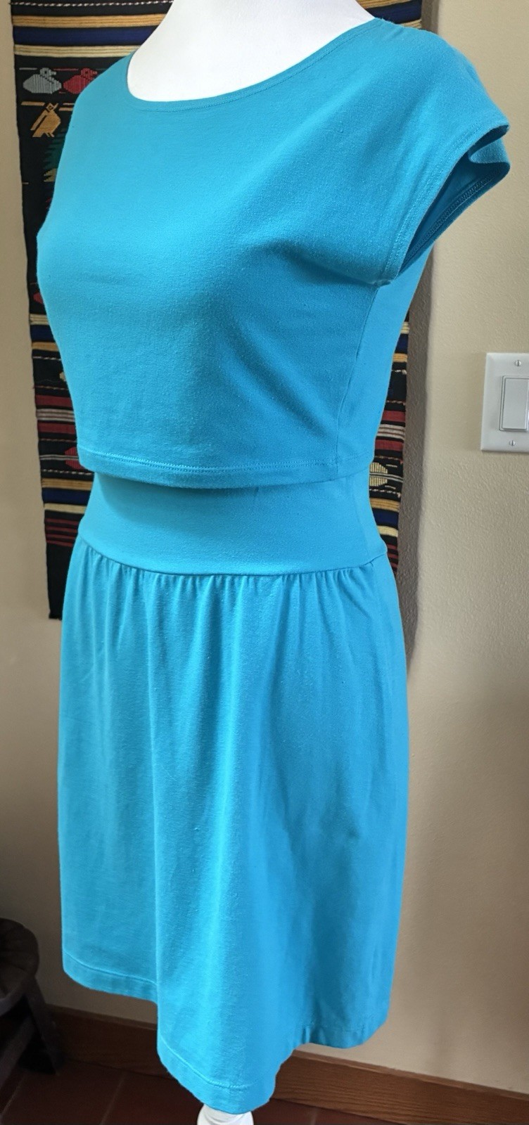 Vintage 80s 90s Turquoise Spandex Two-Piece Set Cap Sleeve Crop Top Pencil Skirt