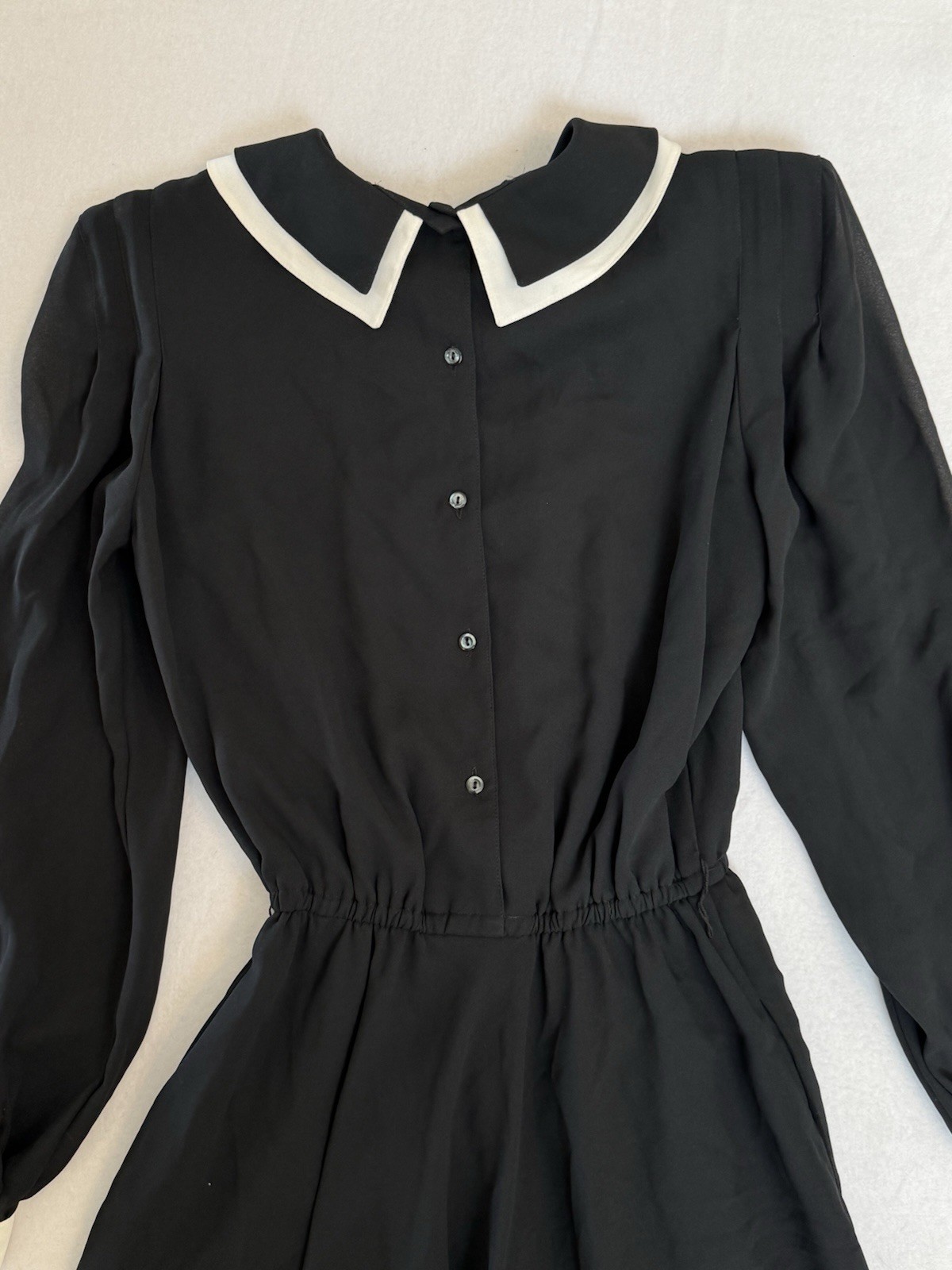 Vintage Pierre Cardin Boutique Black White Crepe Midi Dress Peter Pan Collar 8