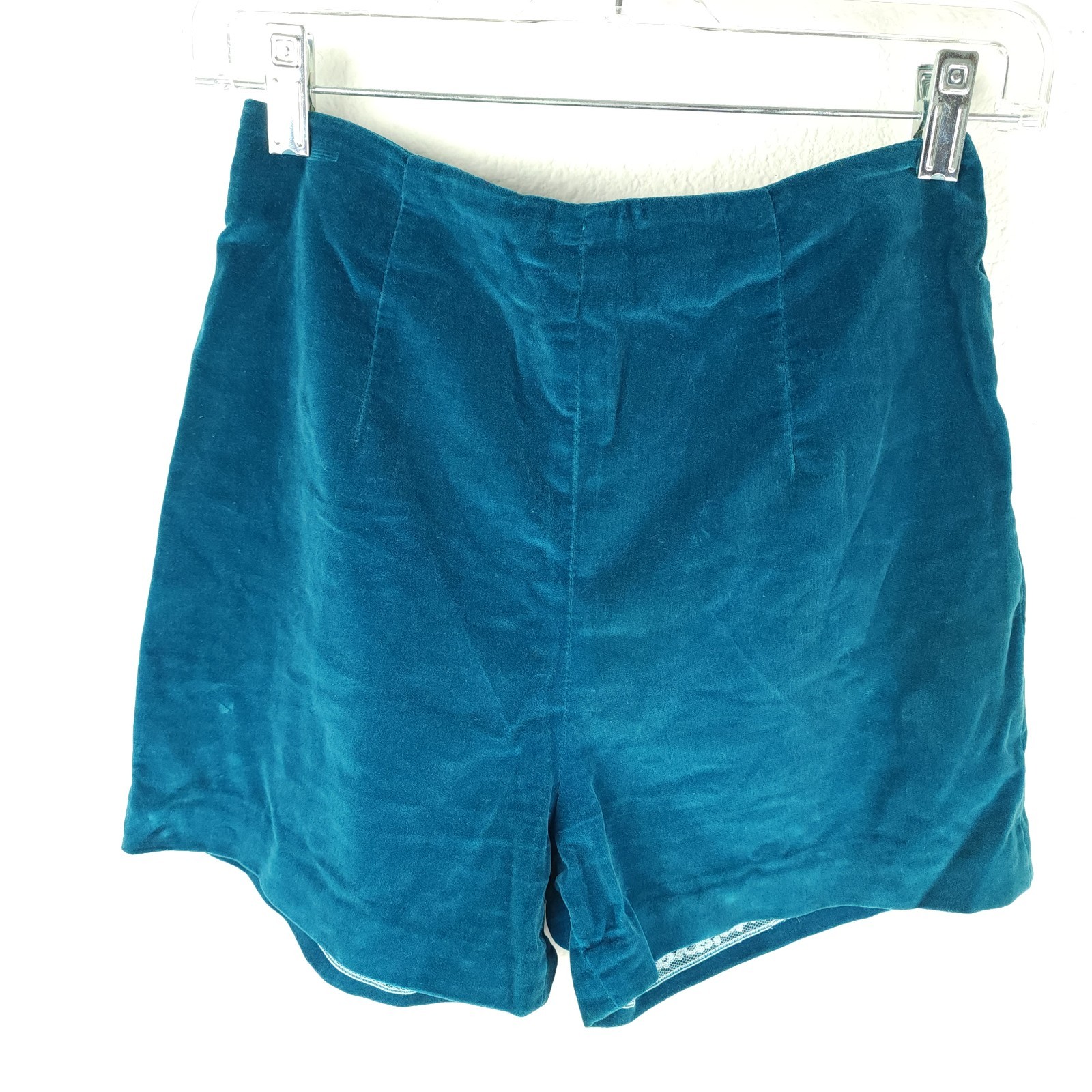 Vtg 60s Mod Go Go Teal Blue Hot Pants Velvet Pin-Up Burlesque Shorts Woodard~XS