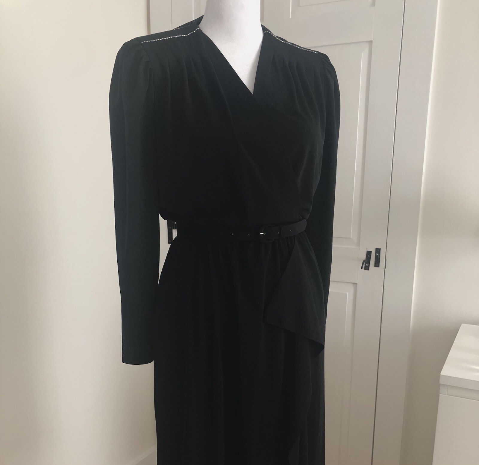 Vintage Black Wrap Dress XS Silver Beads Shoulder Pads Dynasty 1980s Retro Glam