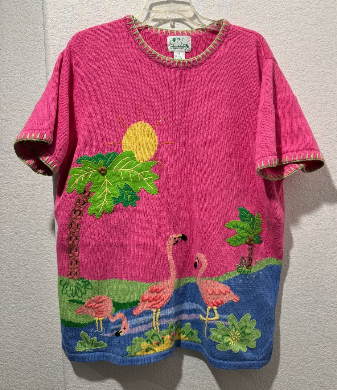 Quacker Factory Pink Flamingo Palm Tree Sweater Tunic XL Embroidered Granny Core