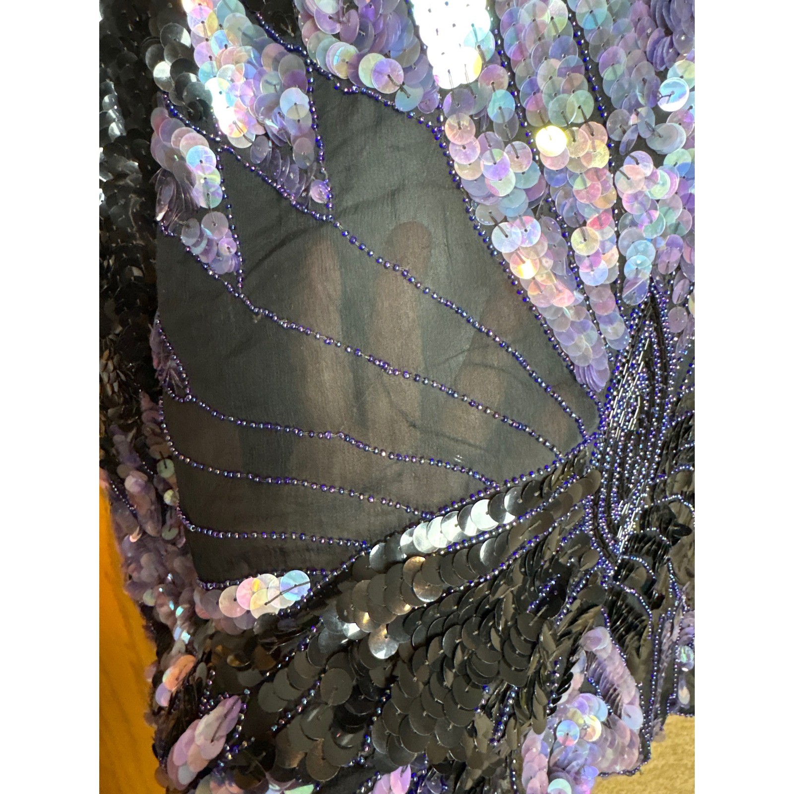 Shomax Vintage Silk Sequin Butterfly Top Iridescent Purple Beaded Batwing Blouse