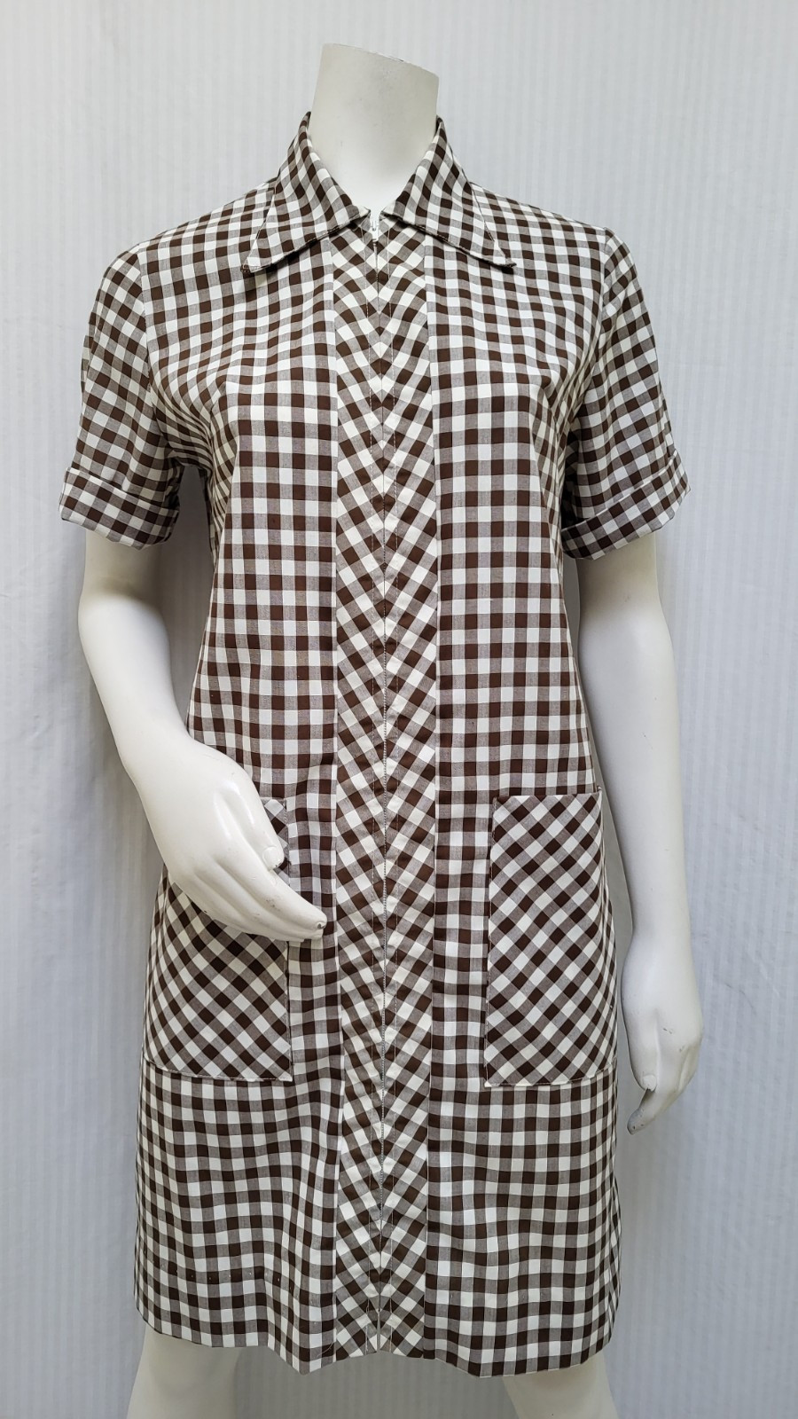 Vintage 1950/60s Brown Check Zip Front Collared Dress – Size M -EUC