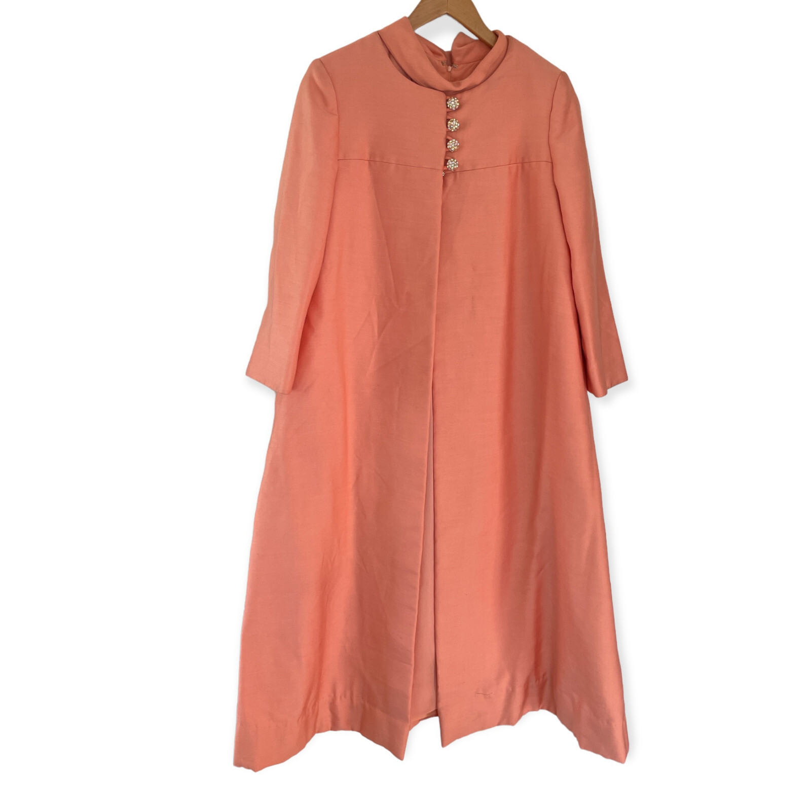 Vtg 60s Saks Fifth Avenue Dress & Coat Jacket Set XS/S Peach Rhinestone Buttons