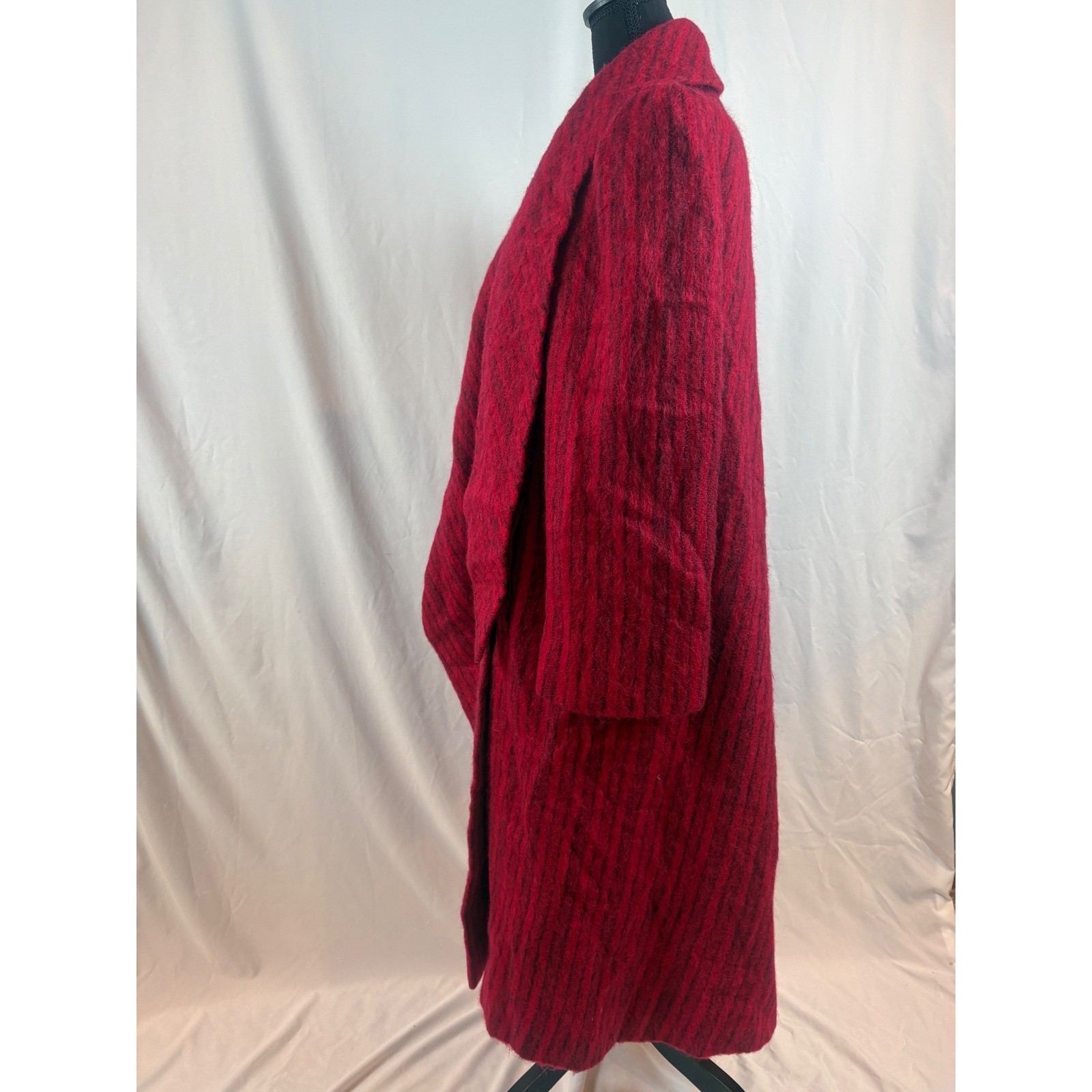 Vintage Pauline Trigere Red Black Stripe Mohair Wool Maxi Coat Scarf Collar 10