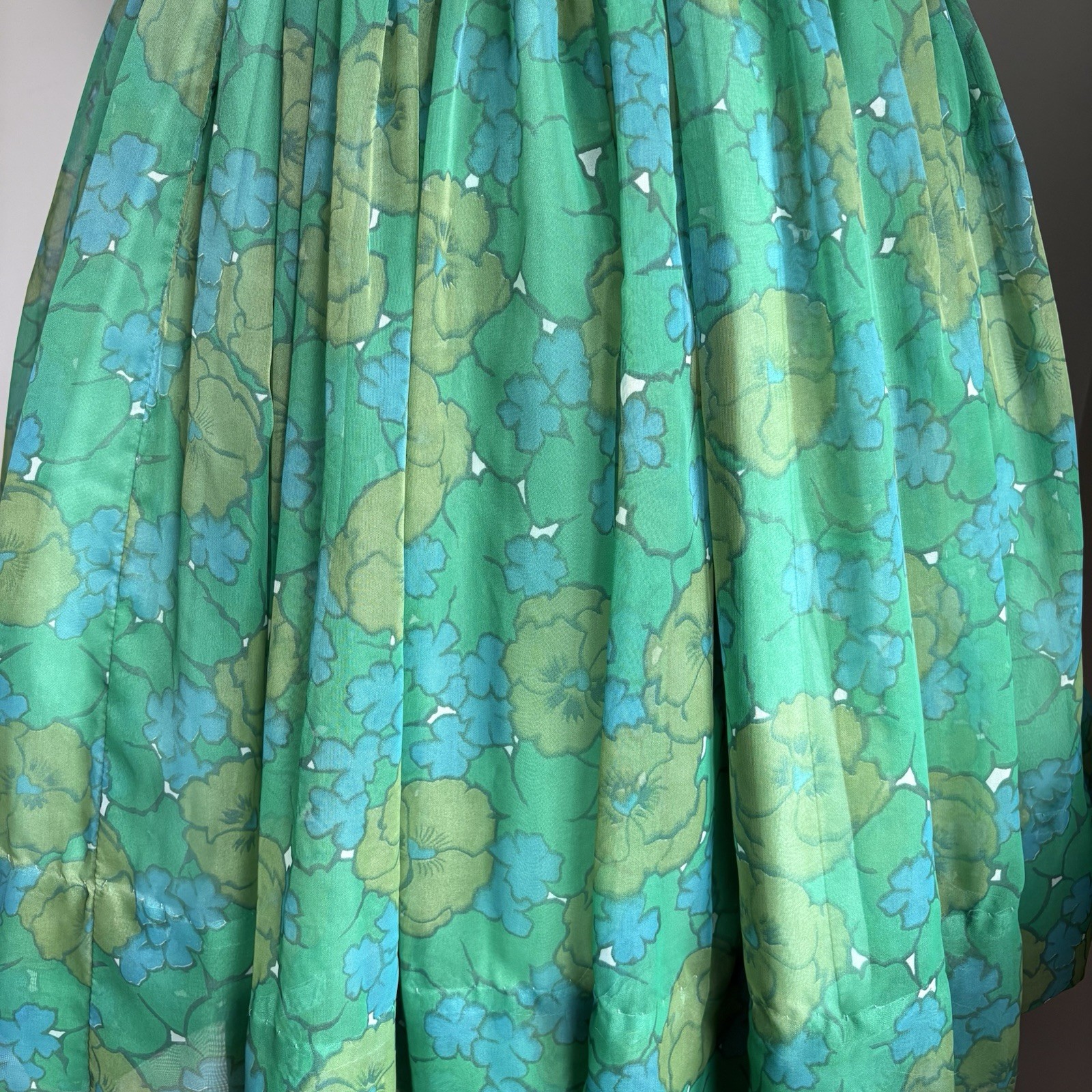 Vintage early 1960’s Blue & Green Floral Chiffon Rockabilly Pinup Party Dress XS