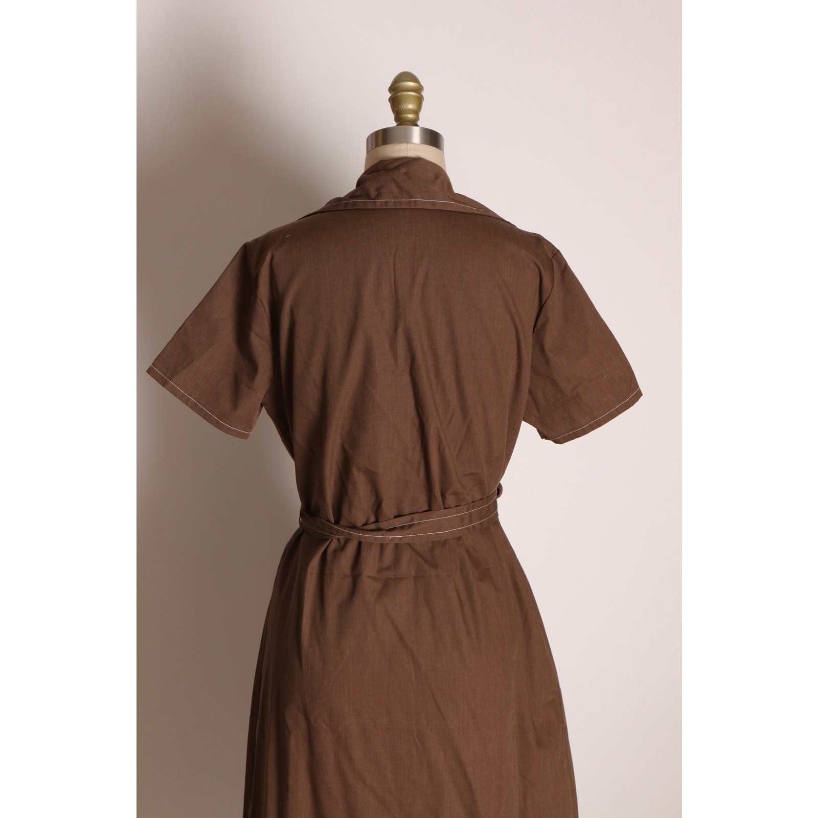 1970s Brown Button Up Short Sleeve Dog Ear Collar Belted Dress by Ship N’ Shore