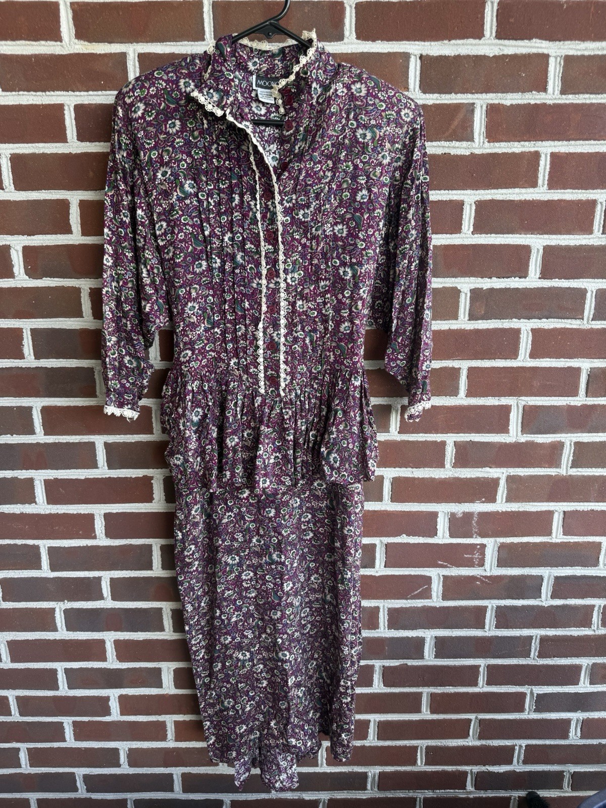 Vintage 80s Moonglow Floral Prairie Dress Small Lace Trim Drop Waist Peplum