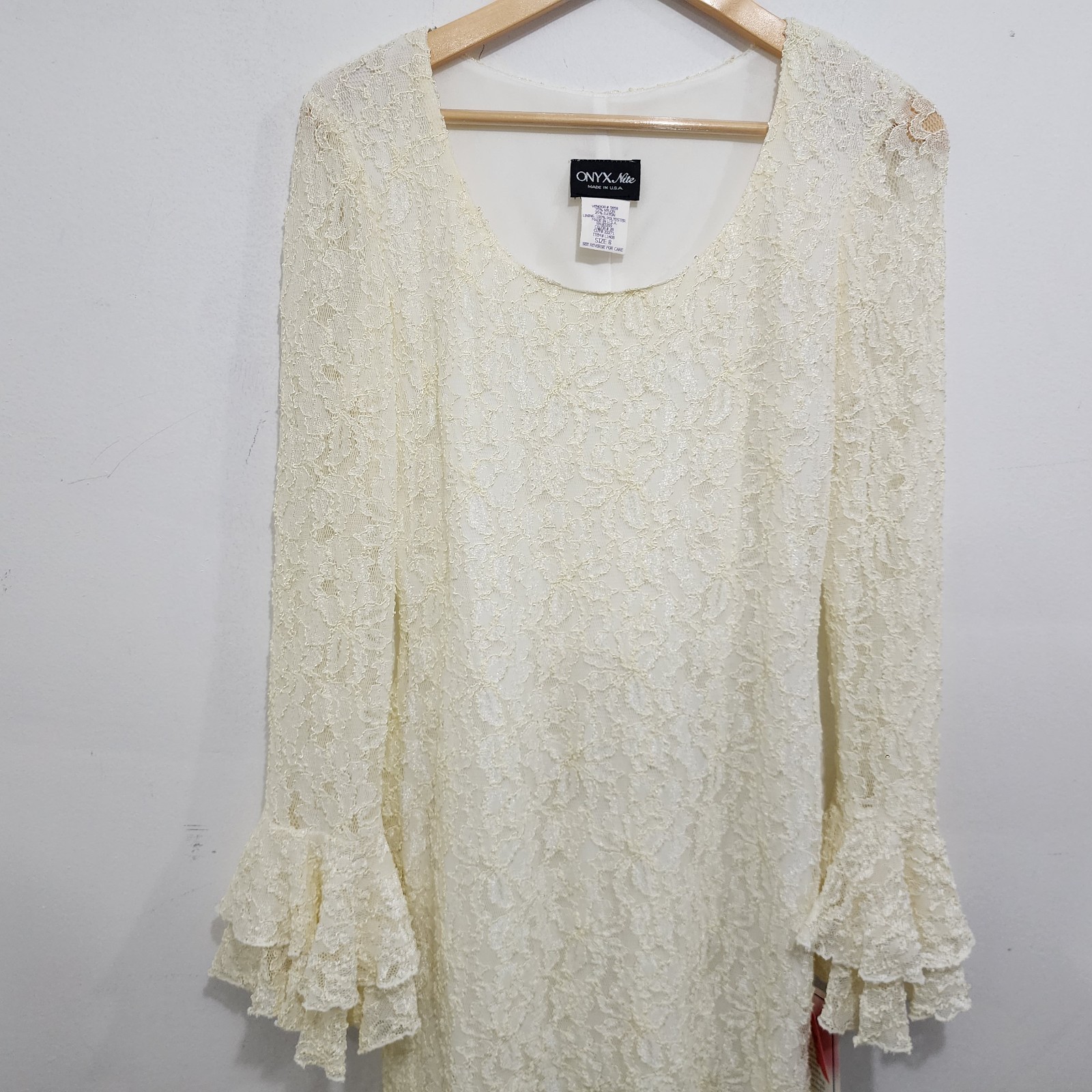 Onyx Nite 90s Vintage Cream Lace Bell Sleeve Mini Dress NEW Womens Sz 8 Stretch