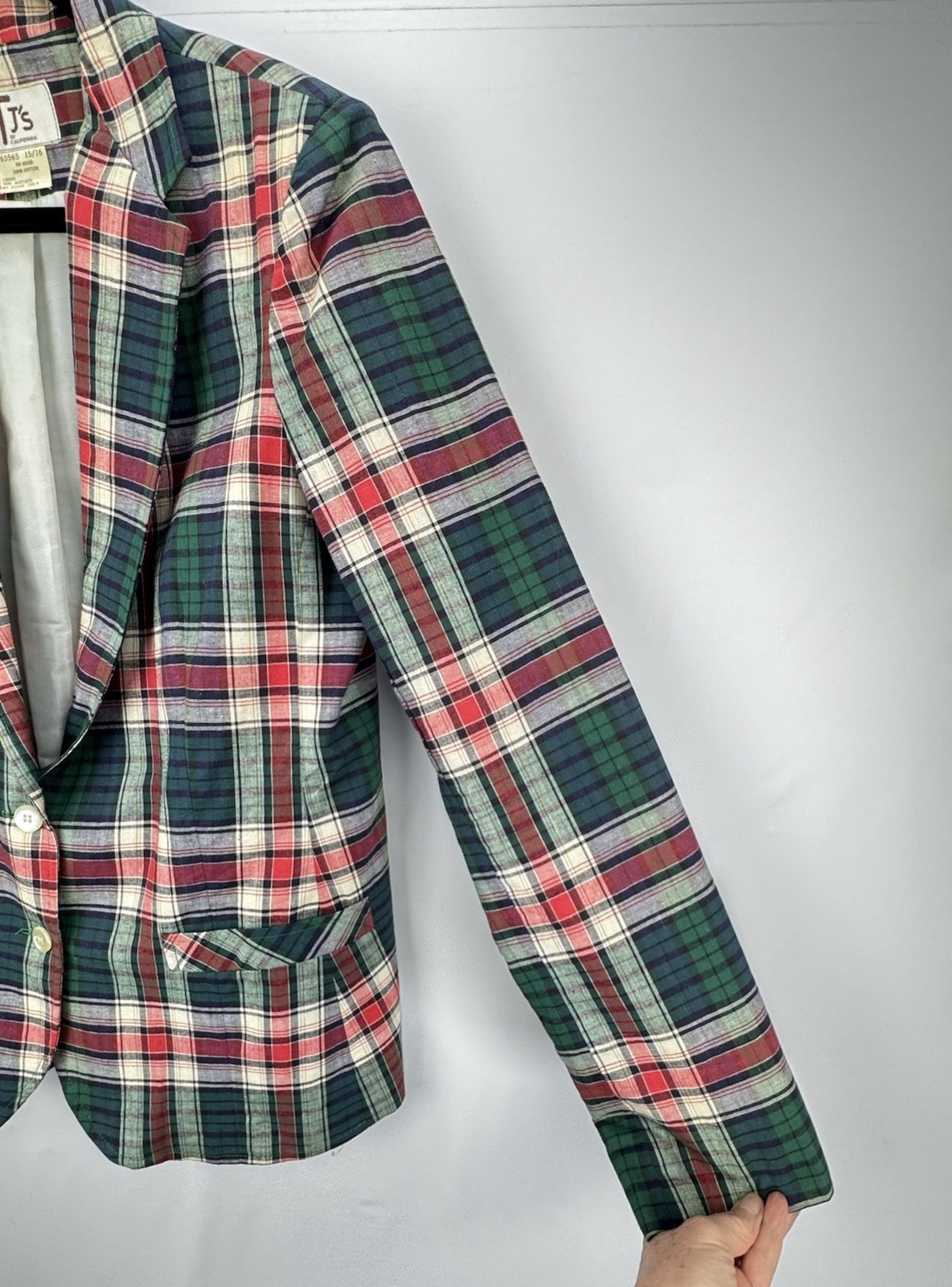 Vintage 70s 80s Blazer Jacket Green Red Plaid Tartan Cotton 15/16 Medium Pockets