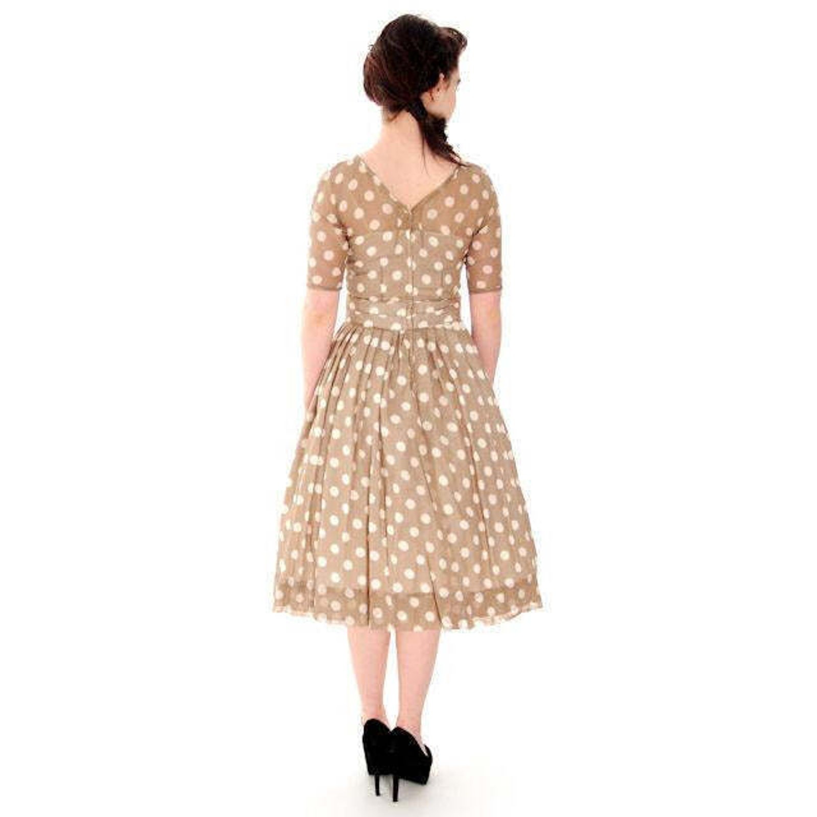 VTG 1950s Taupe Polka Dot Sheer Cotton Dress New Look