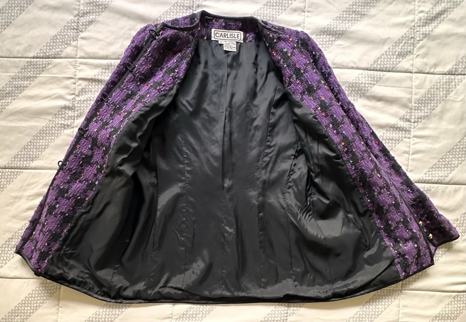 VTG CARLISLE Silk Tweed Blazer Jacket Purple Black Plaid Gold Buttons Size 6