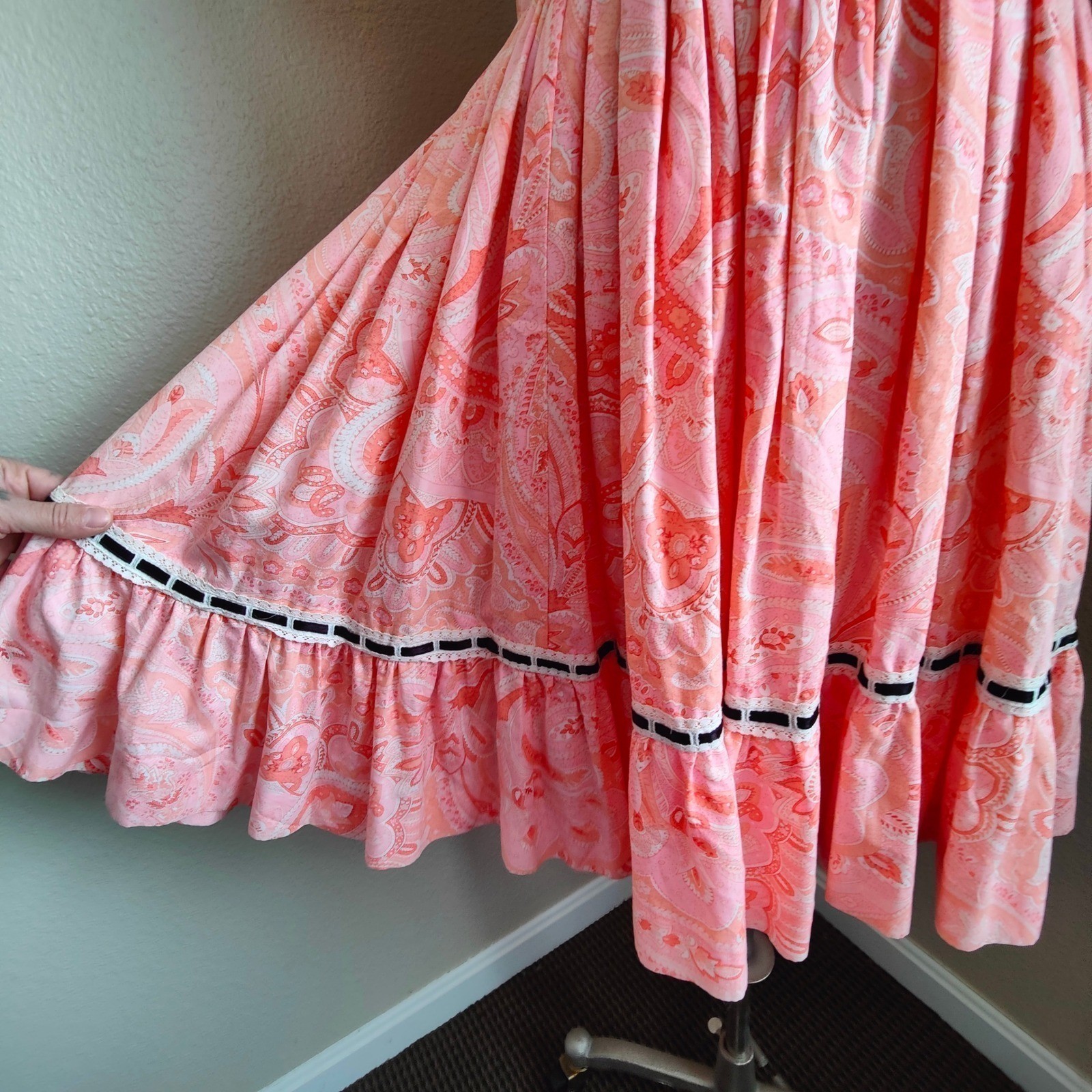 Vintage 60s 70s Handmade Pink Paisley Dress Square Dance Circle Prairie Western