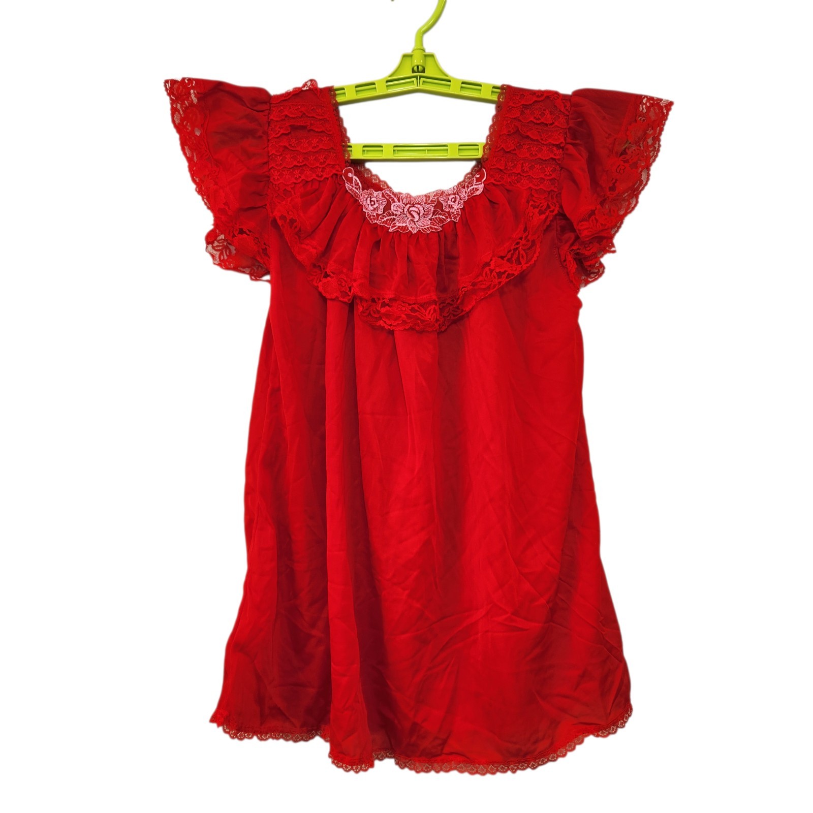 Vintage 70s Sheer Red Chiffon Lace Pajama Set Boudoir Lounge Romantic Wide Leg