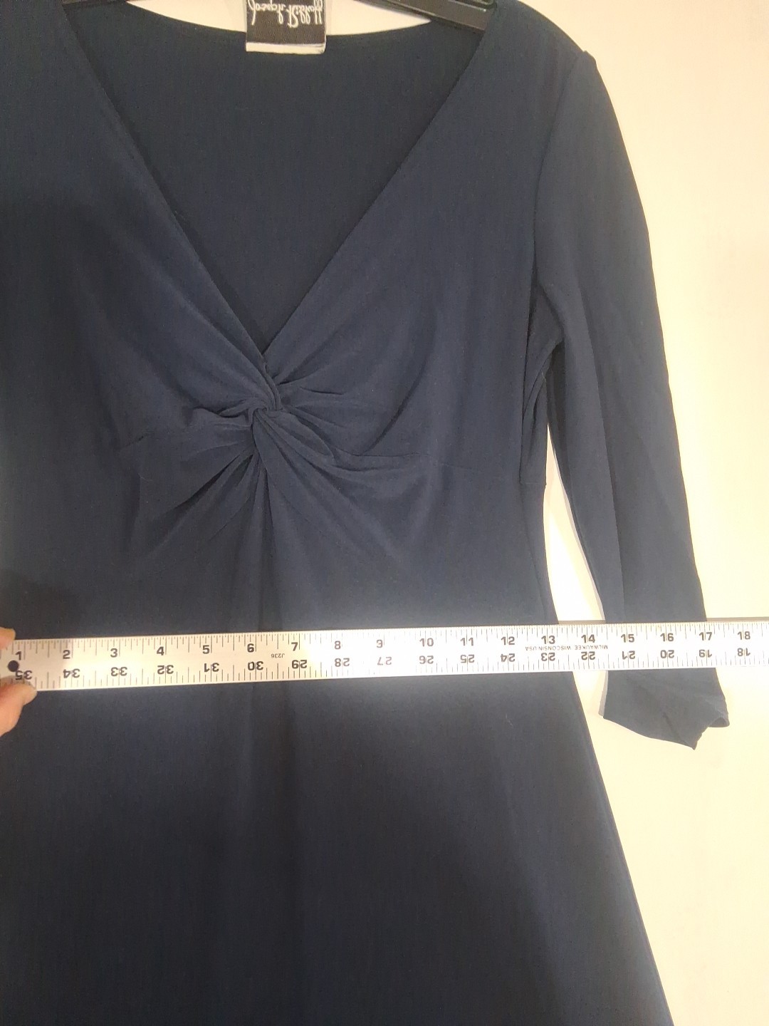Vtg 80s Joseph Ribkoff Dress Size 8 3/4 Sleeve V Neck Navy Blue Stretch Slinky