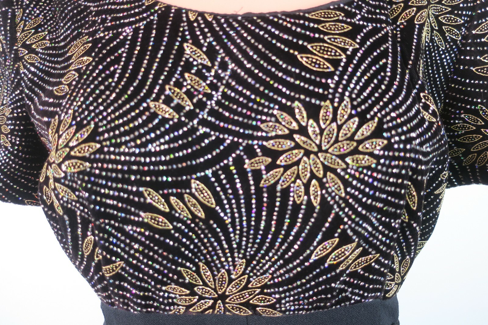VTG 80s Sexy Glitter Tapered Boho Festival Jumpsuit Metallic Floral Belted sz 6