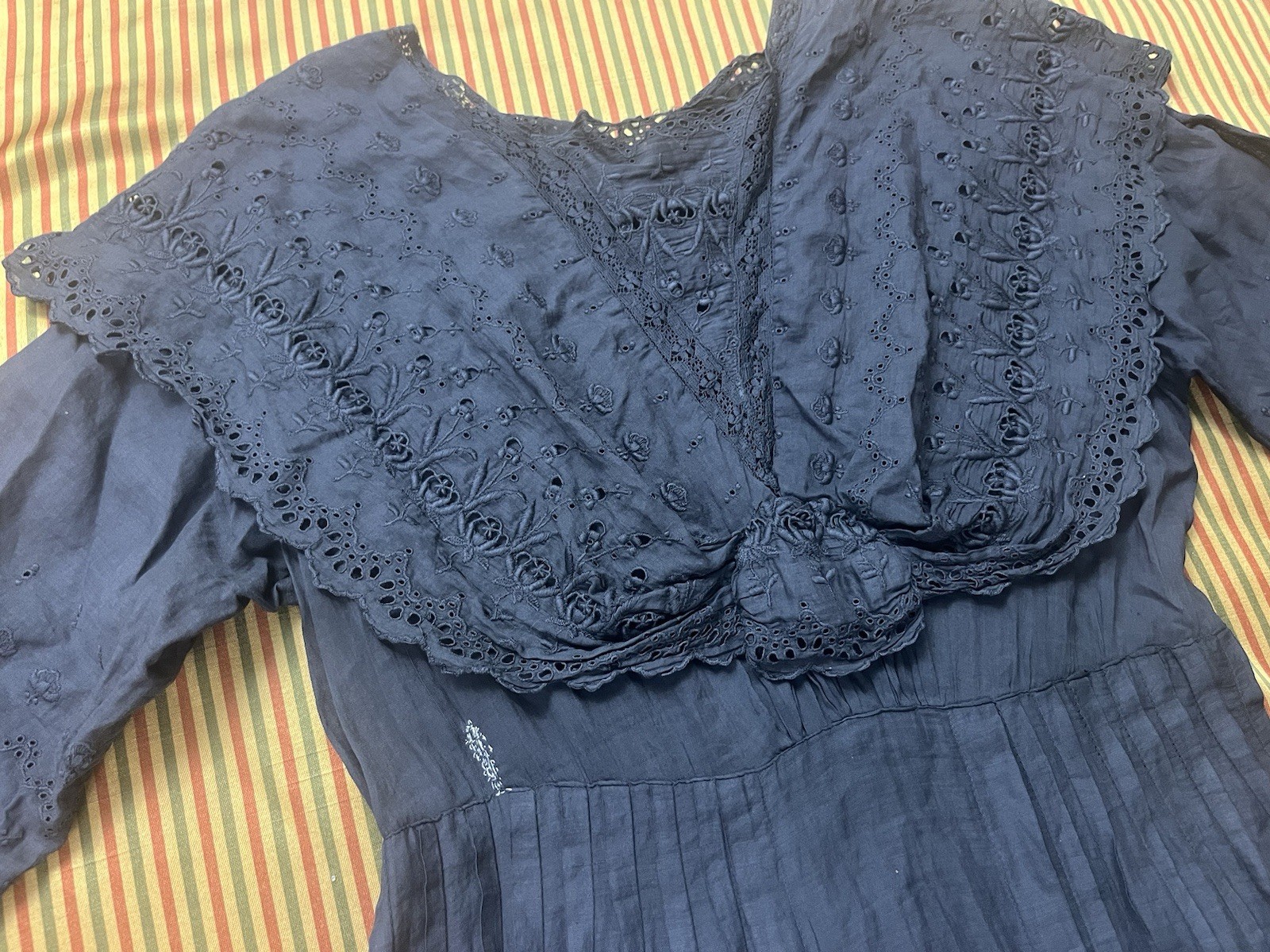 Antique Edwardian Black Cotton Dress Embroidered Eyelet Lace Sz XXS