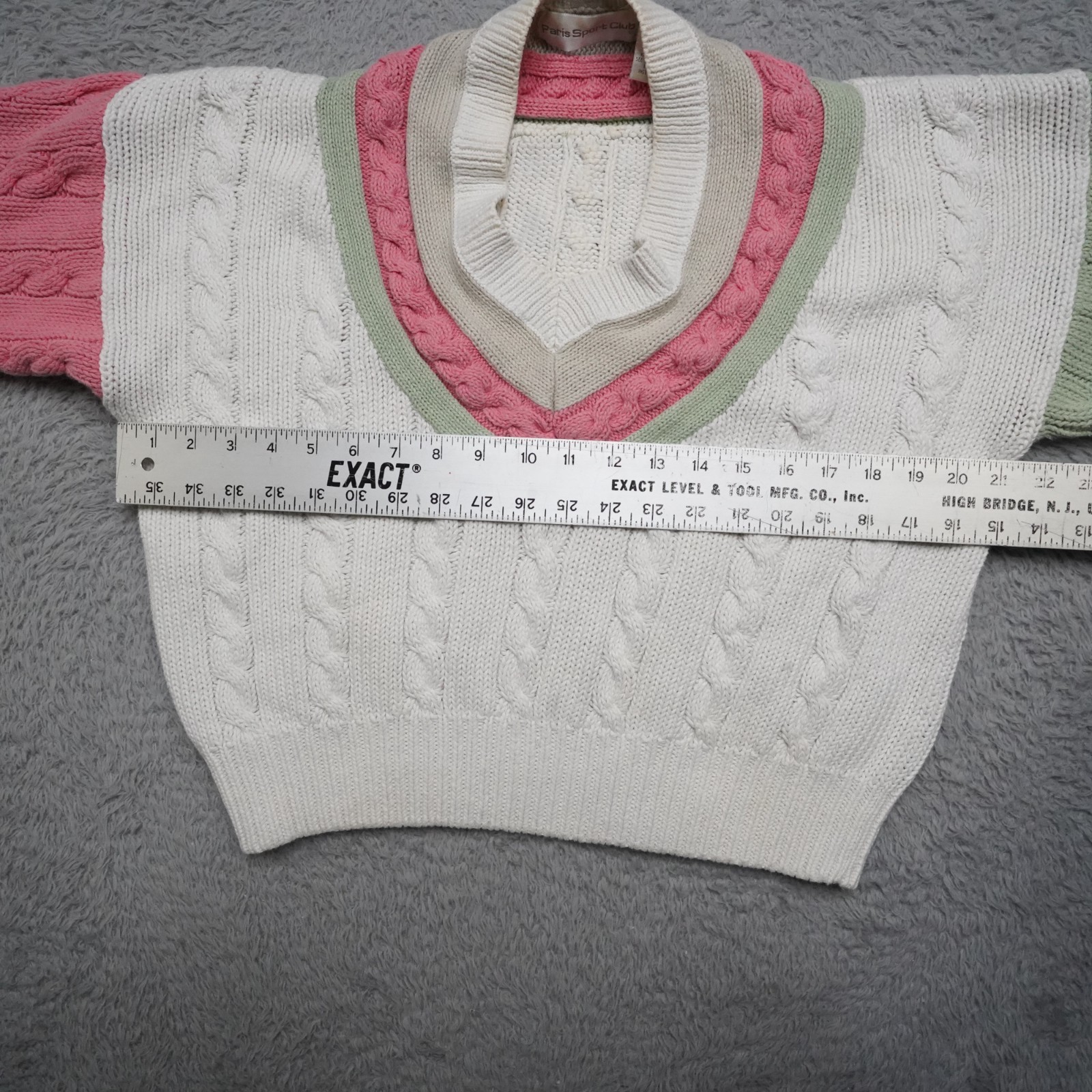 Vintage V Neck Sweater Womens M Pink Green CableKnit Preppy Tennis Raimie Cotton