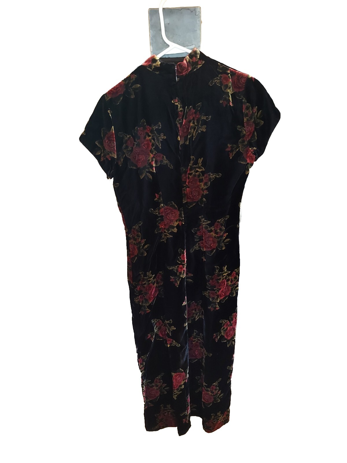 Vtg Long Black Floral Velvet Cheongsam Short Sleeved Sz 6 Erika Eriksson