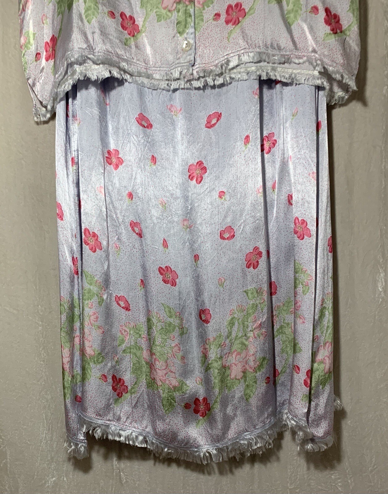 April Cornell Top And Skirt Set Blue And Pink Satin Flowers Size L NWT