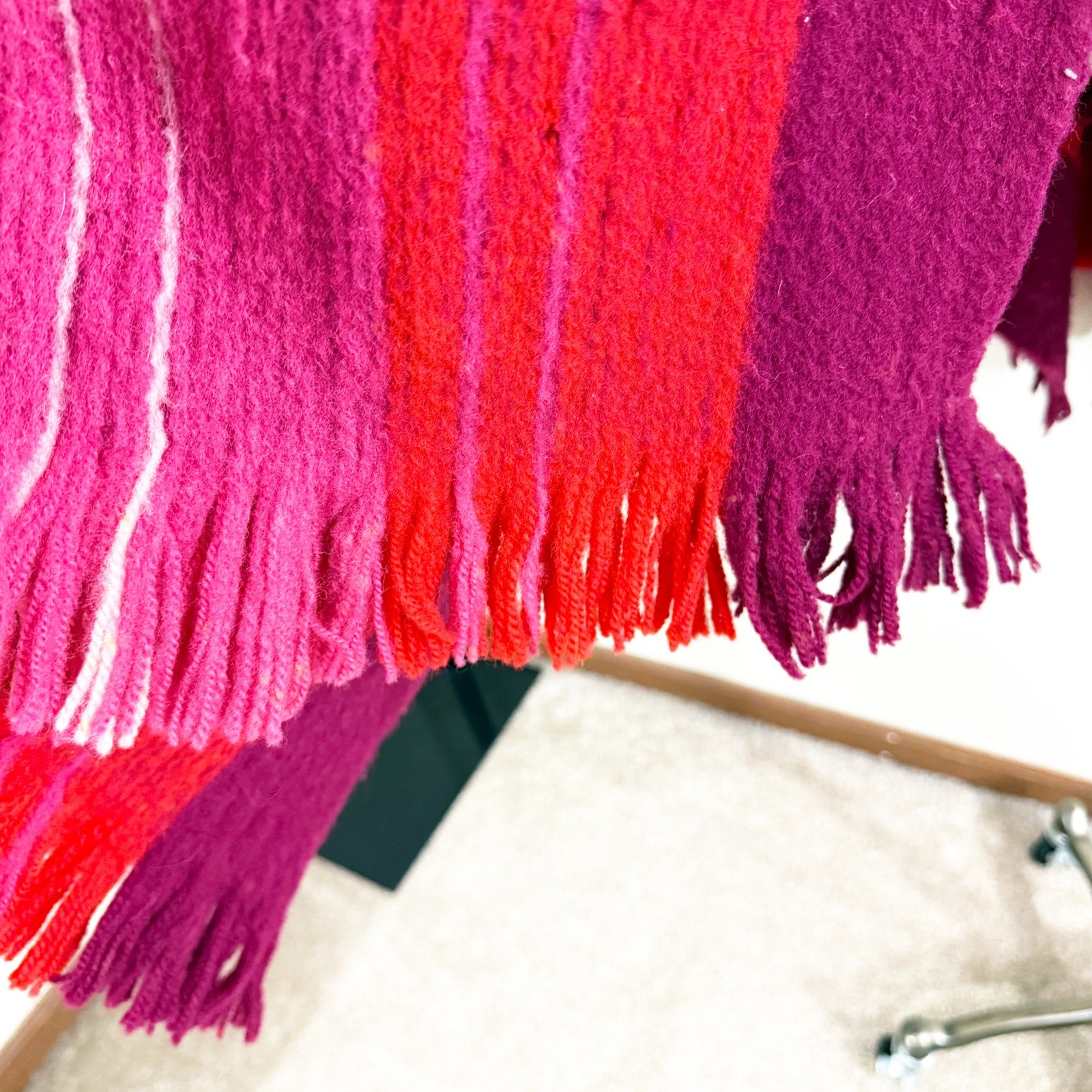 Vintage Permanos Red/Pink Striped Wool Wrap Women’s One Size EUC Fringe Detail