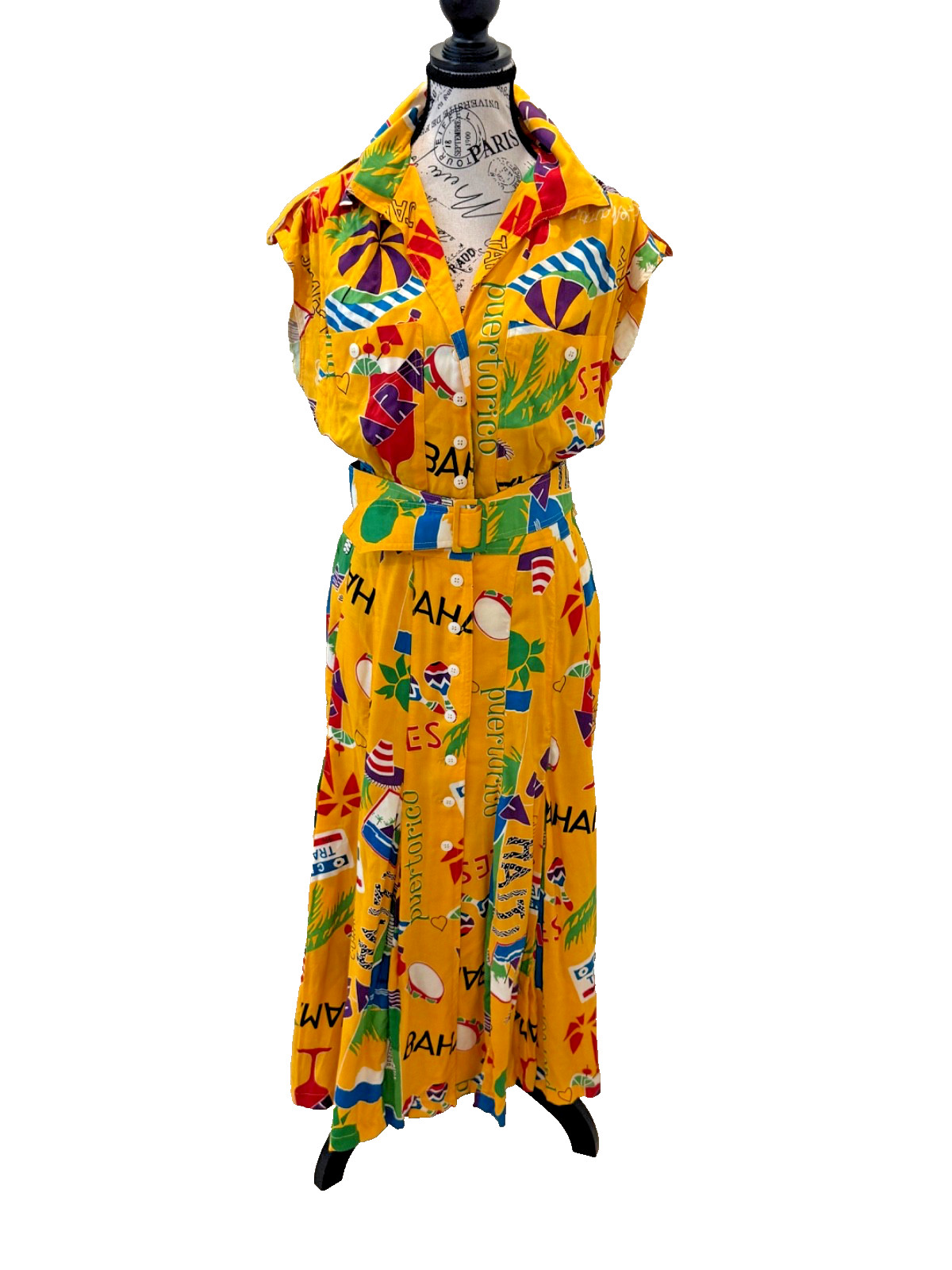 Vintage 1980s Karen Alexander Caribbean Print Belted Midi Dress Tropical Size 10