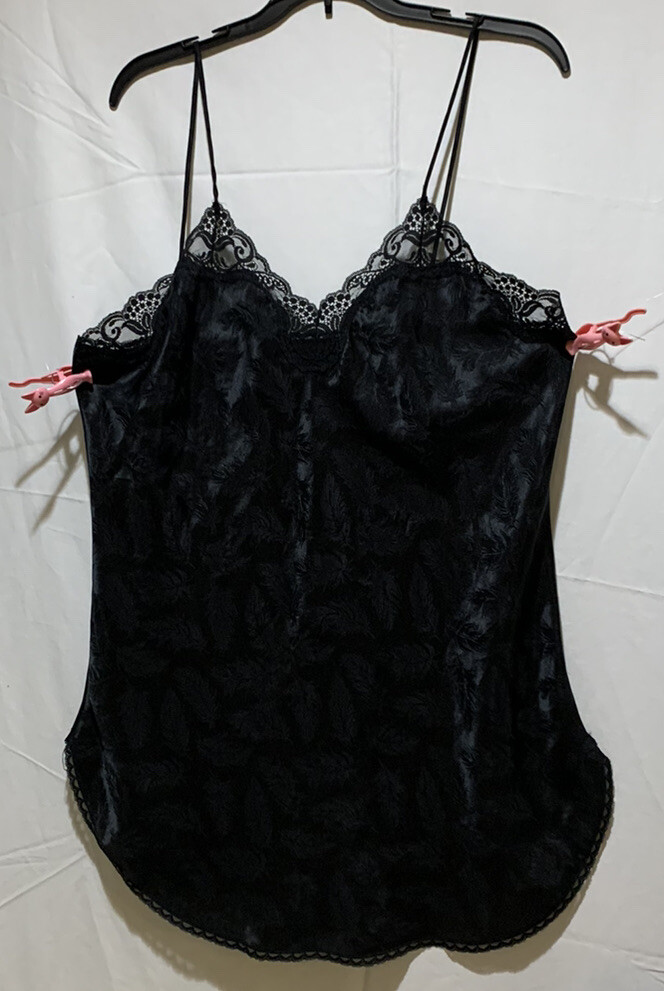 ❤️Pembrooke Vintage Slip Chemise Black Damask Satin Lace Trim 100% Polyester USA