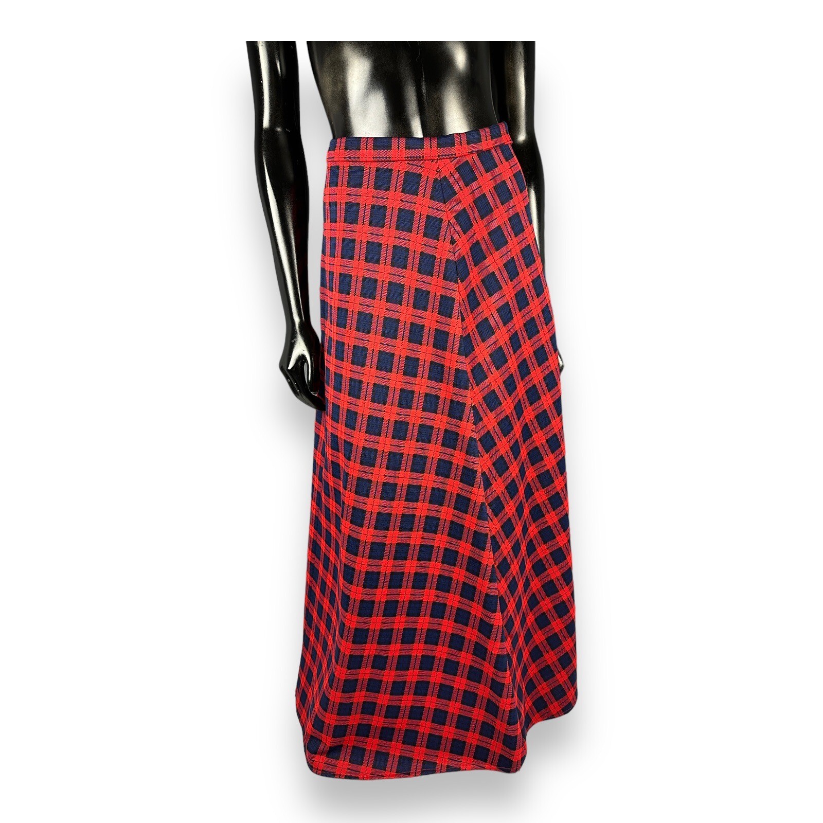 Vtg 60s 70s Red Navy Blue Plaid Midi Skirt A-line 25″ Waist 37” Long