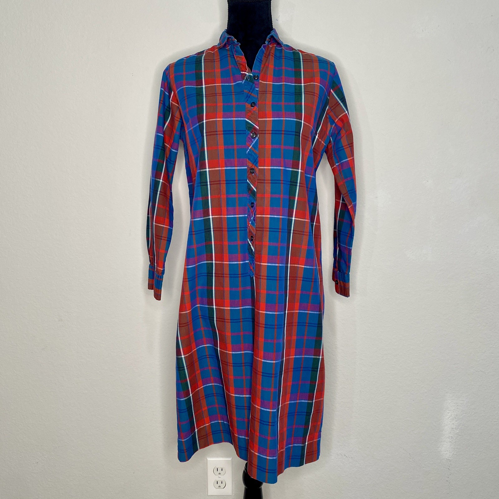 Vintage 60s 70s Lady Bayard Plaid Shirt Dress Made In USA Blue Red Green