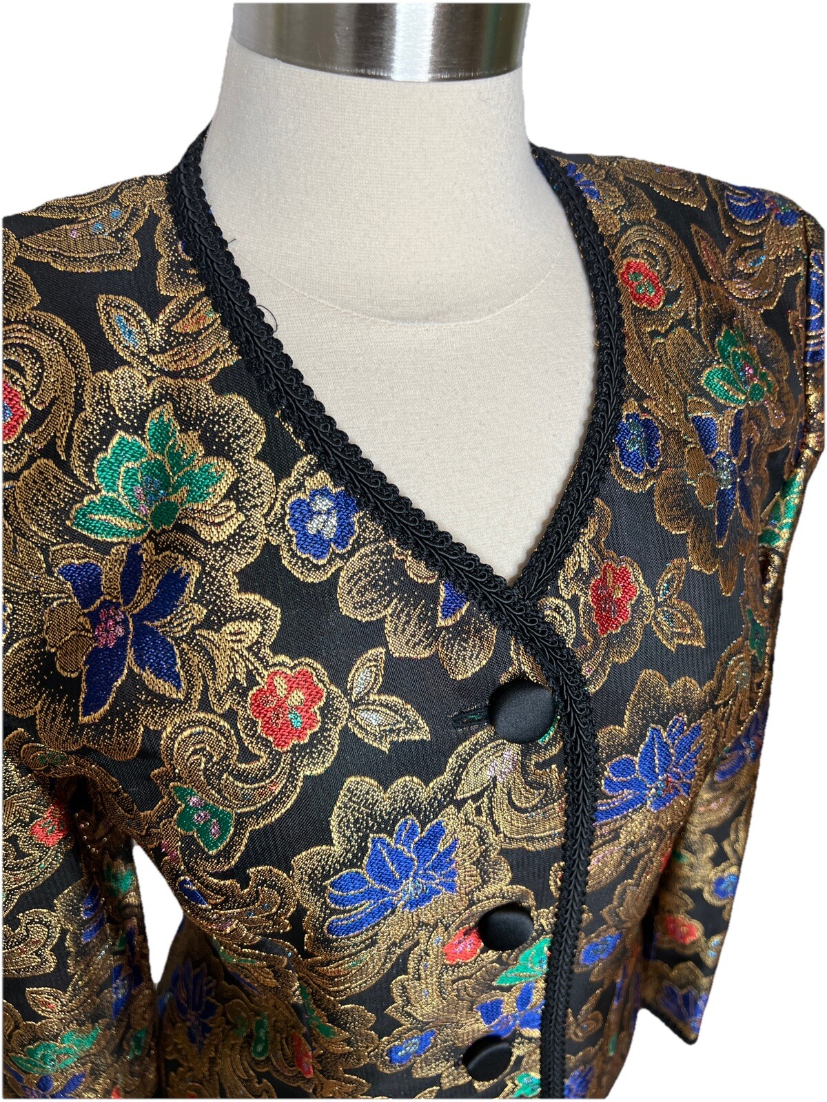 Vintage 80s Talbots Kathryn Conover Metallic Gold Floral Brocade Jacket Size 6