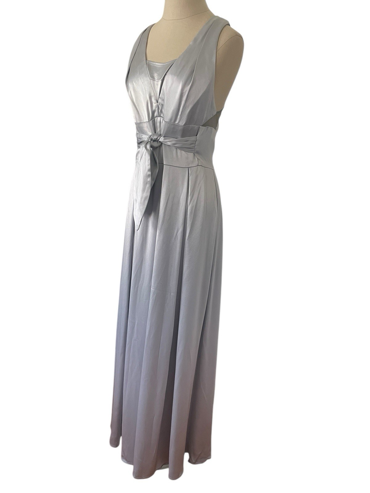 Vtg 90s A.B.S Allen Schwartz Satin Silver Dress Gown Y2K Old Hollywood Glam Sz 8