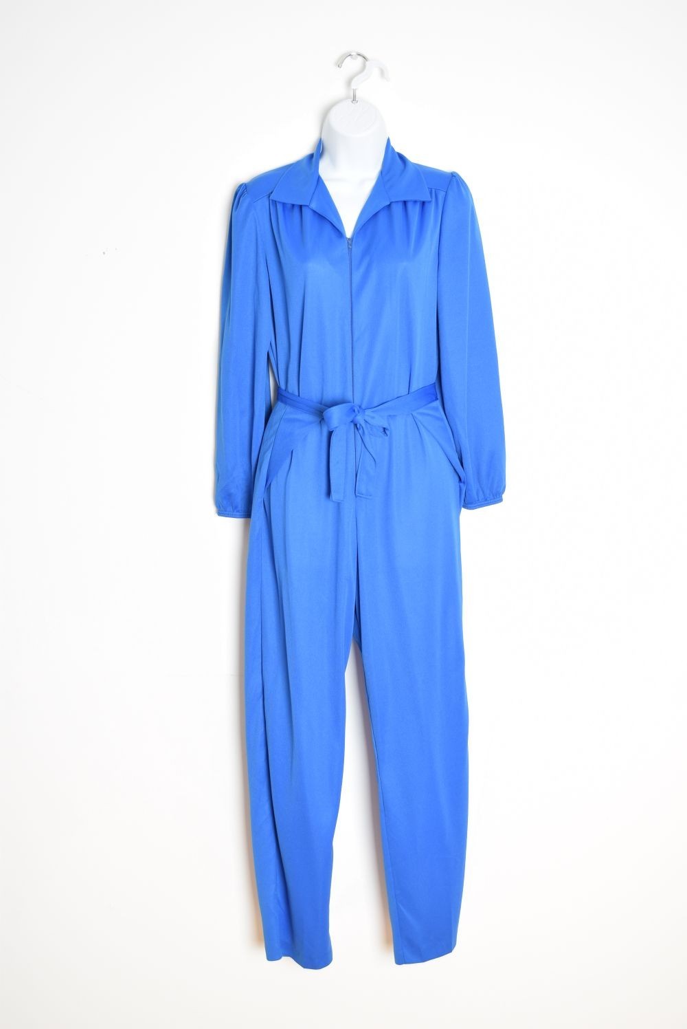vintage 70s disco jumpsuit blue pointy collar trapdoor one piece outfit romper M