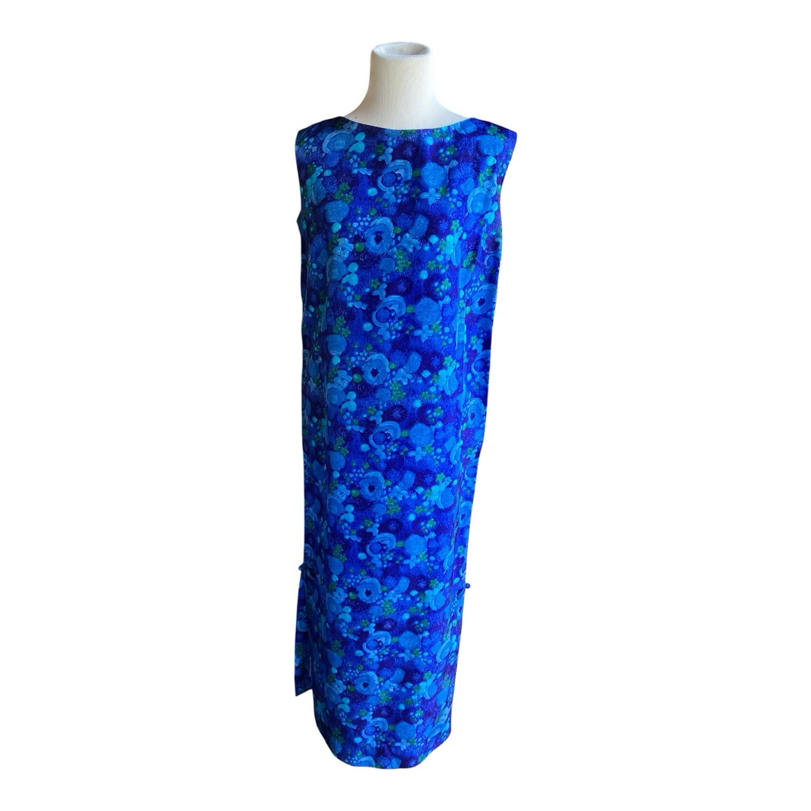 Vtg 60’s Richard Douglas Hawaii Maxi Dress Blue Floral Cheongsam Wiggle Sateen S