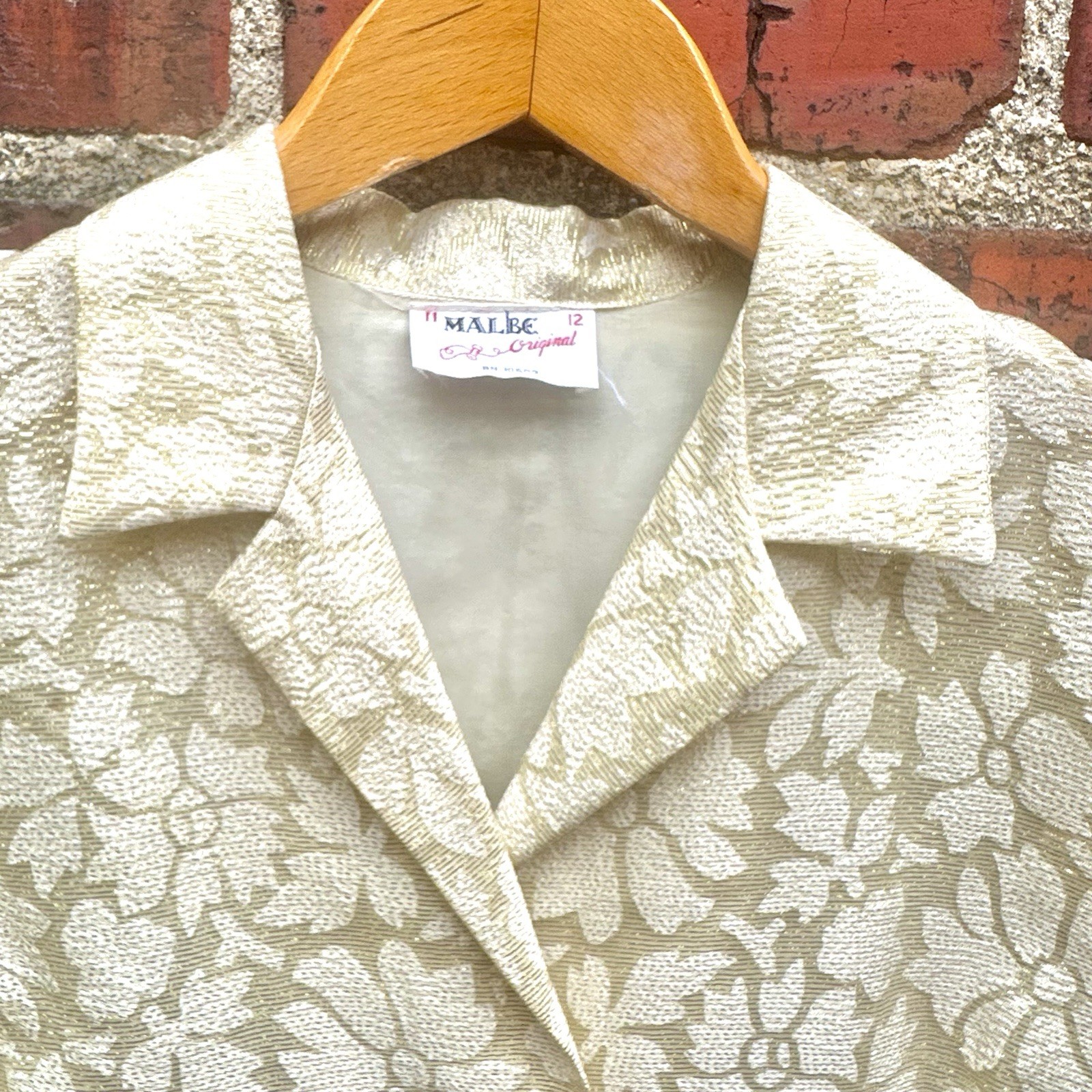 Vintage Malbe Original Lace Blouse Cream Gold Metallic Accent Sz 11 12 RN 10609