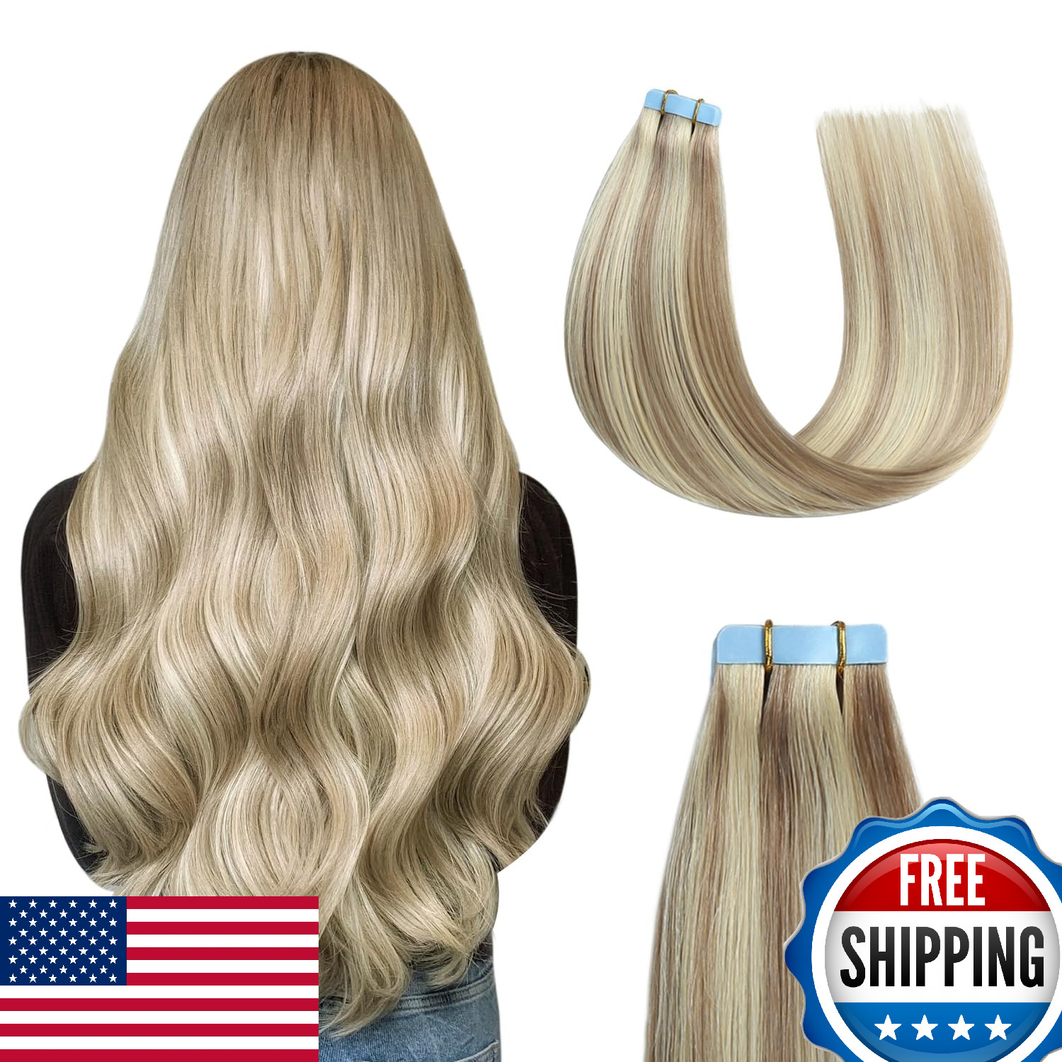 Human Hair Tape-In Extensions Ash Blonde Highlight Bleach Blonde 12 Inch