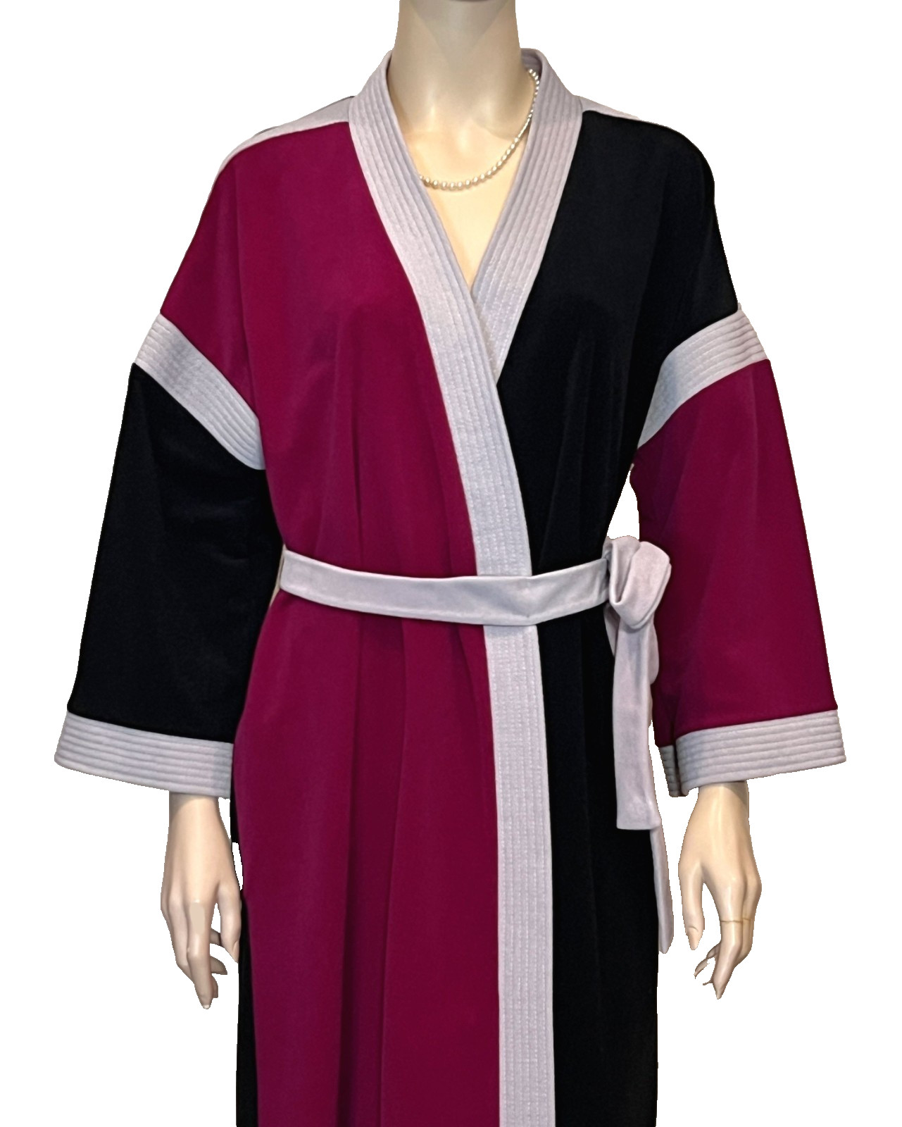 Vintage Vanity Fair velour kimono style belted robe black red gray size Large