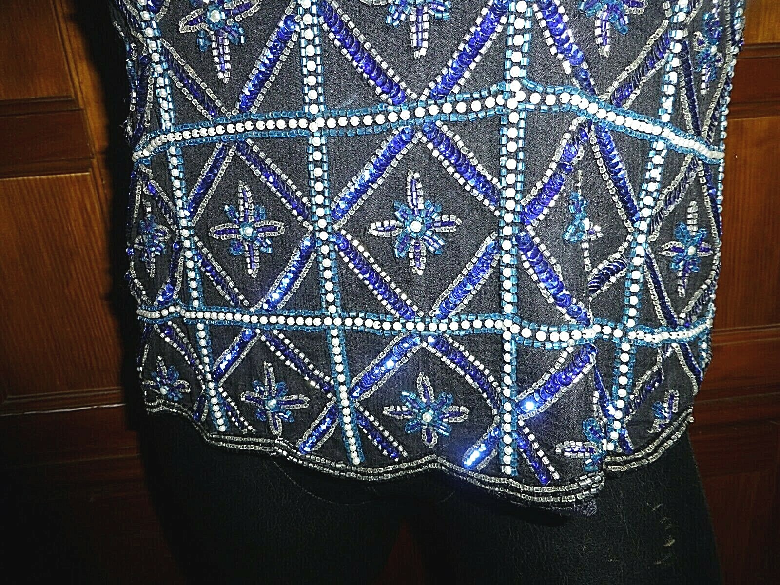Vtg Royal Blue SEQUIN Beads Pearl Embroidered SILK Evening Party Top Blouse PL