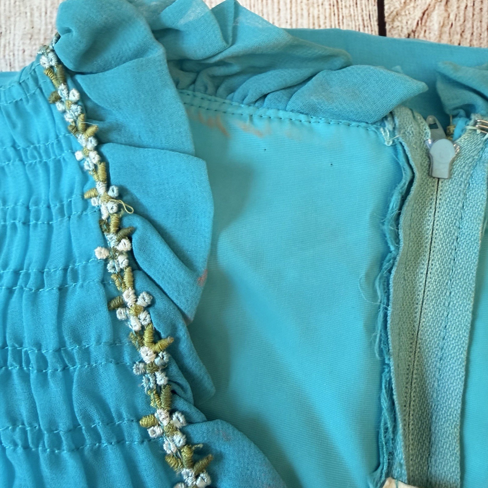 Vintage 70s Teal Chiffon Maxi Dress Size XS Bridesmaid Twiggy Retro MCM 60s Gown