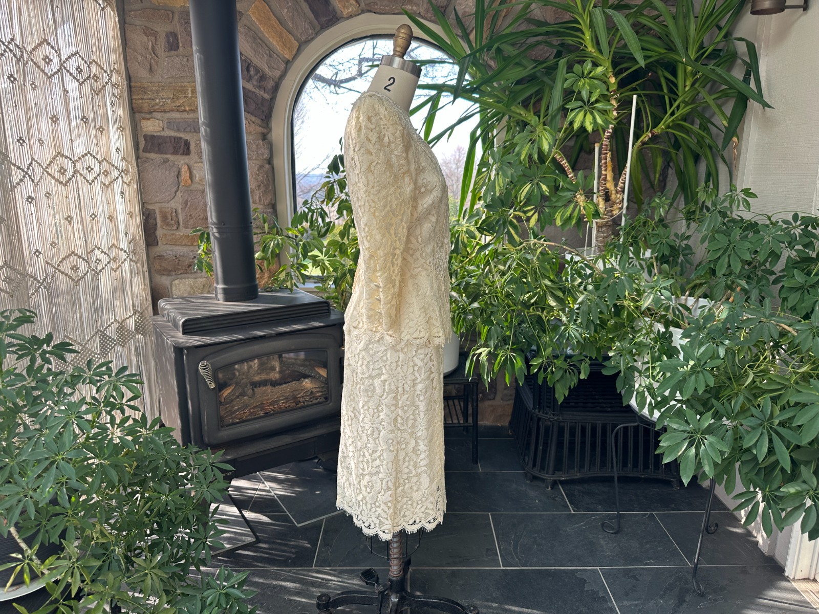 Vintage 1980s Greg Adams Formal 2 Piece Ivory Lace Bridal Wedding Suit