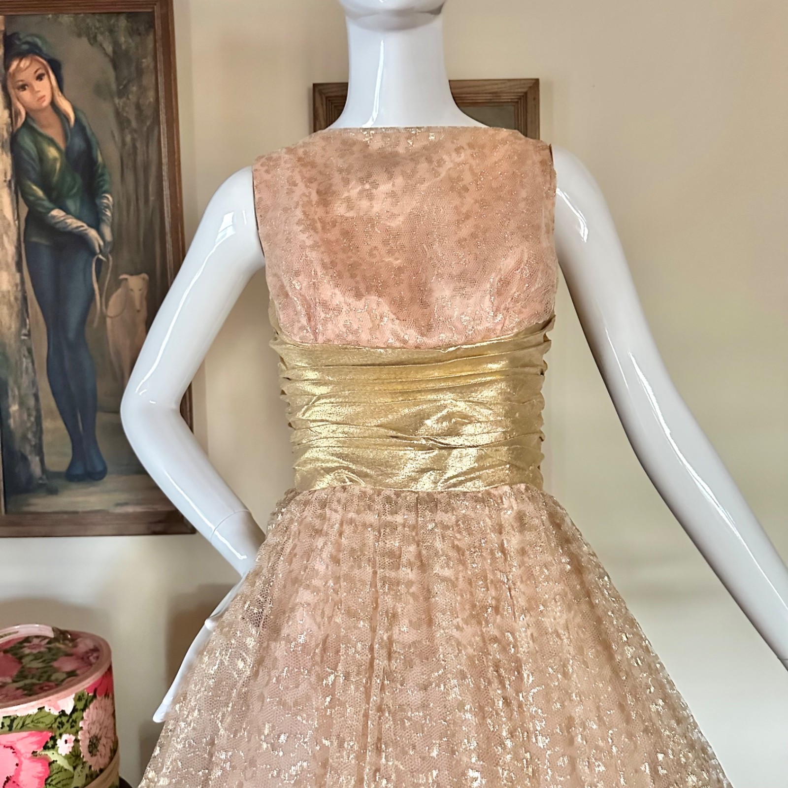 Vintage 1950s Gold Champagne Tulle Cupcake Prom Queen Dress VLV Wedding Gown XS