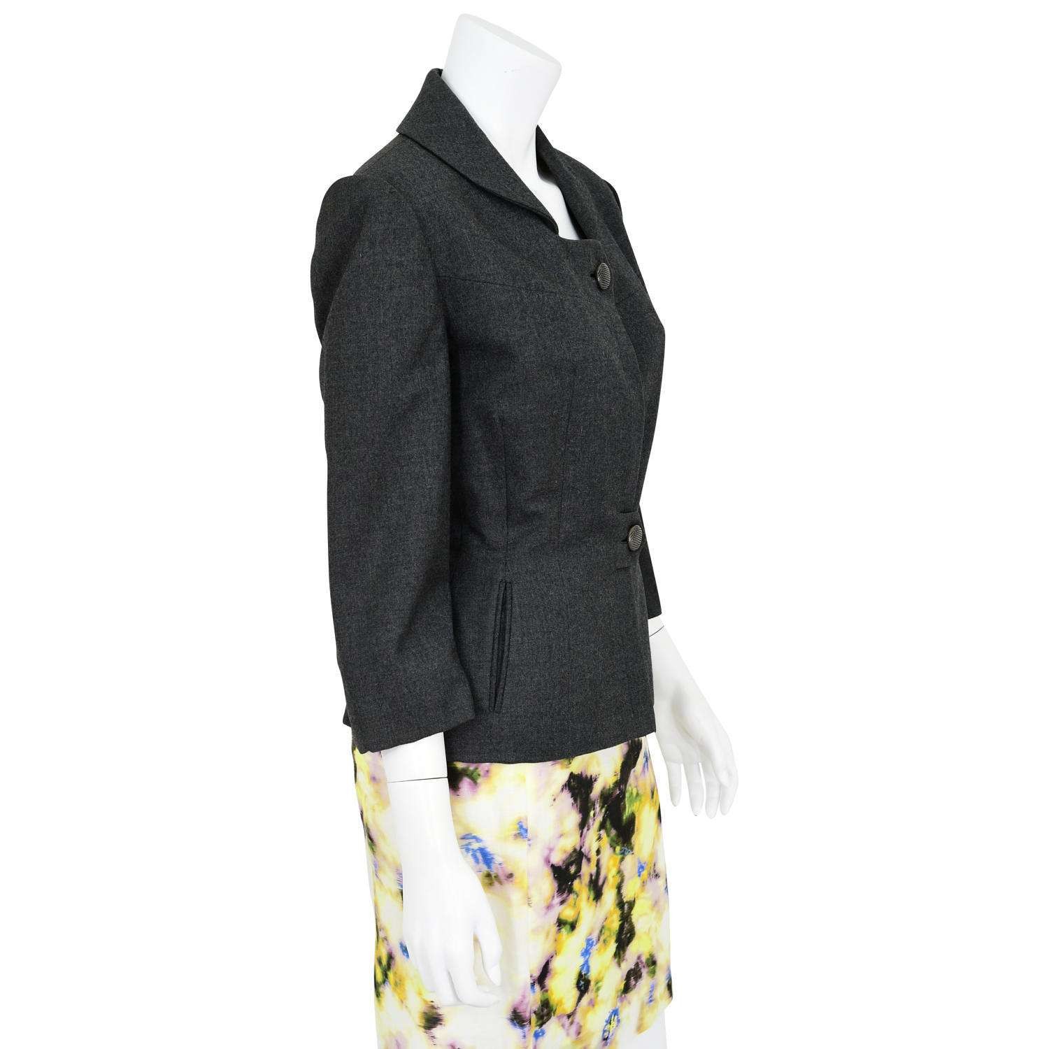 50s Vintage Wool Peplum Blazer Womens S Charcoal Gray Hourglass Square Neck Top