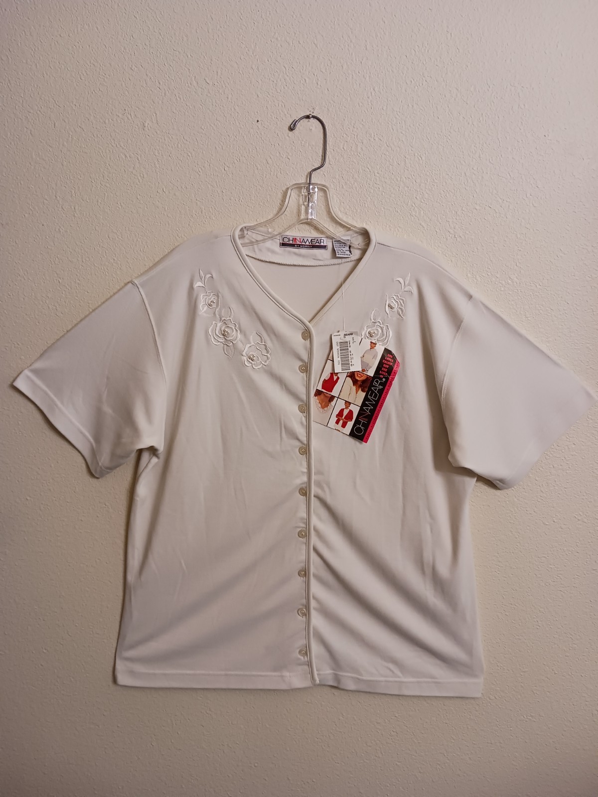 Chinawear by Morsly White L Vintage Sears Button Beaded Short Sleeve Sweater NWT