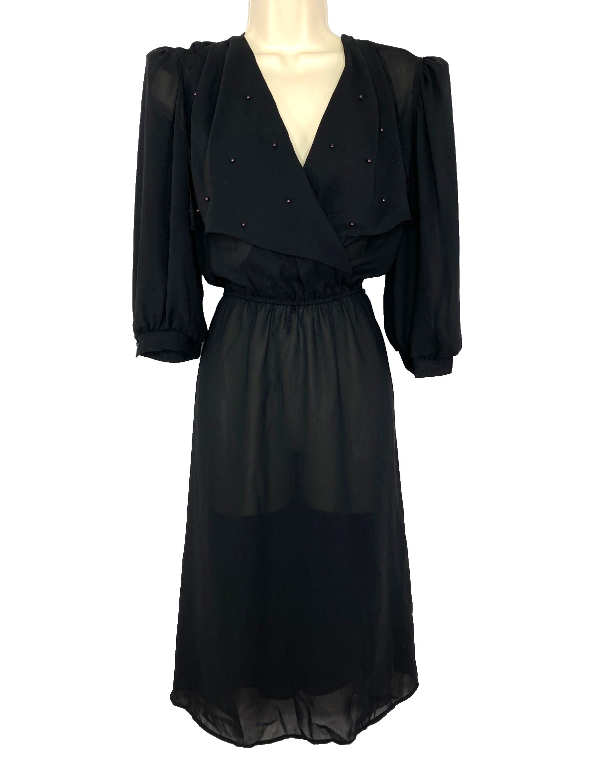 Vintage 1970s black sheer beaded midi dress puffed 1/2 sleeve embellished collar