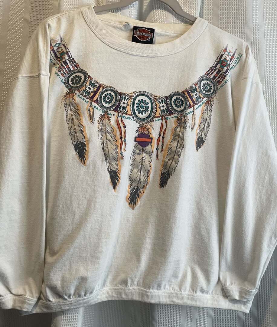 Vintage Harley Davidson Long Sleeve Size Medium Native Feather Print Bloomington