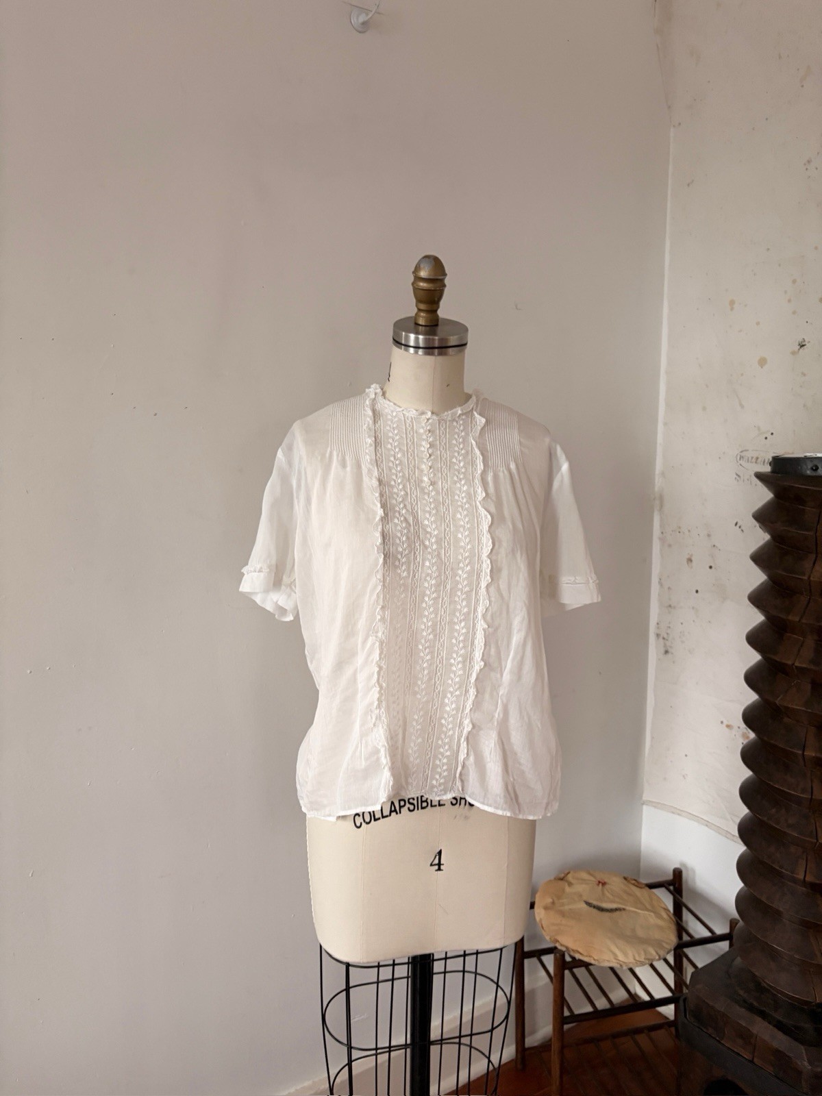 Antique Edwardian 1910s Sheer While Cotton Voile Blouse Embroidered Lace Panels