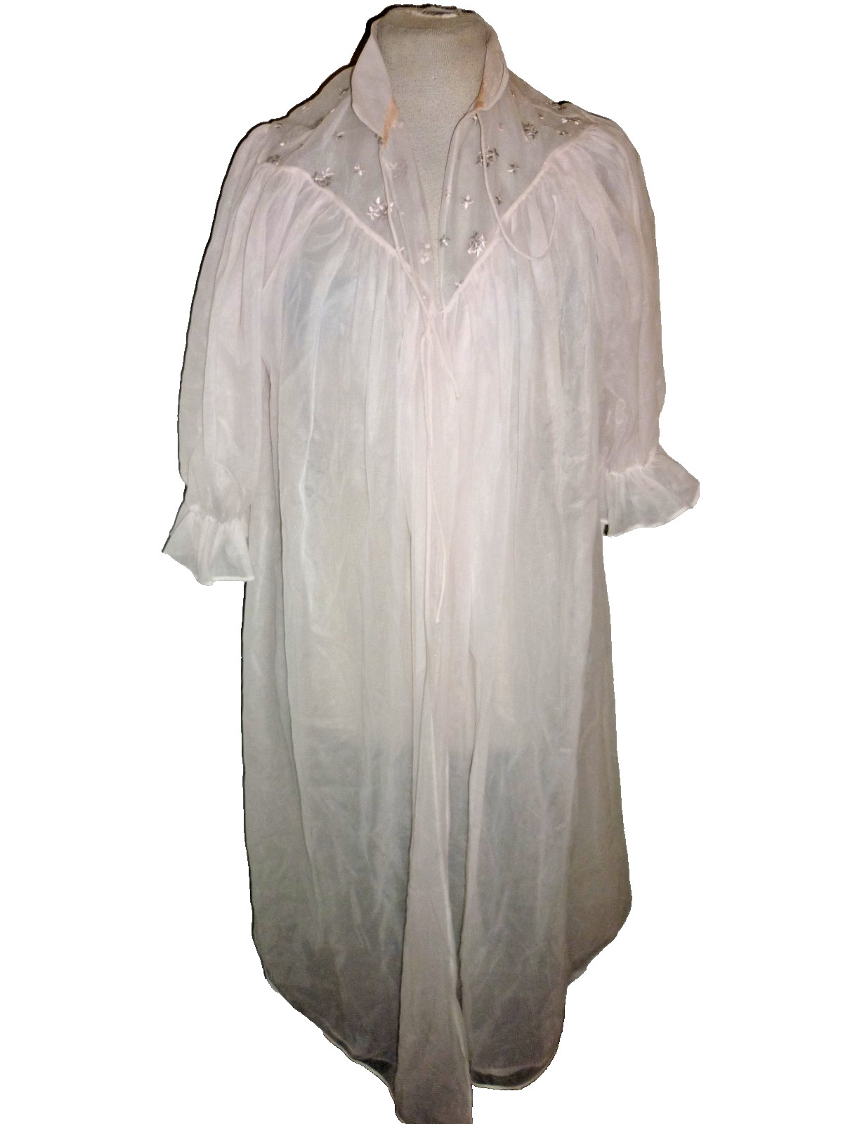 Vintage Sheer Pink Nylon Embroidered Peignoir Robe Mojud Nightgown Gown Style 34
